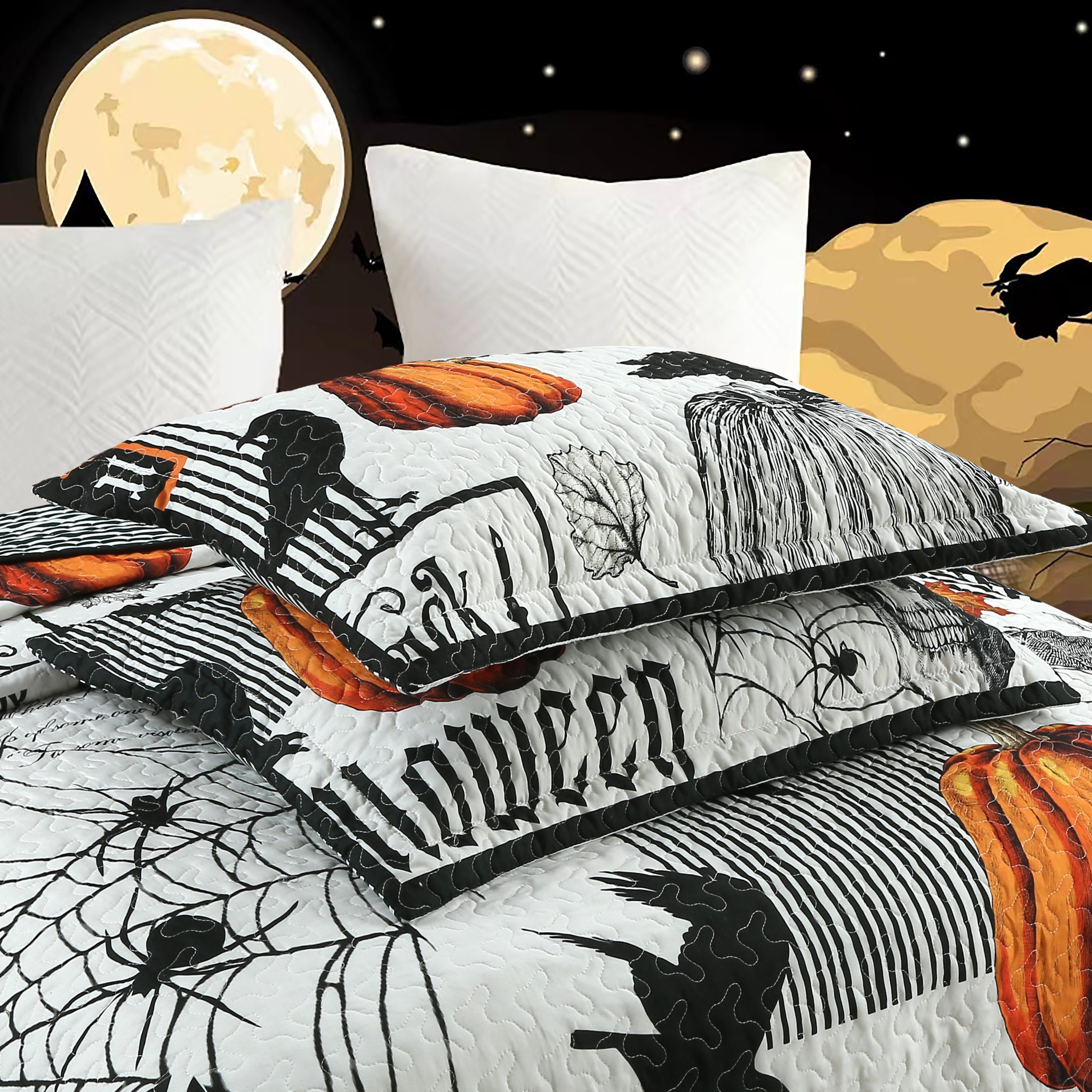 3 Piece Halloween Quilt Set - Skull & Pumpkin Print Bedspread ME500
