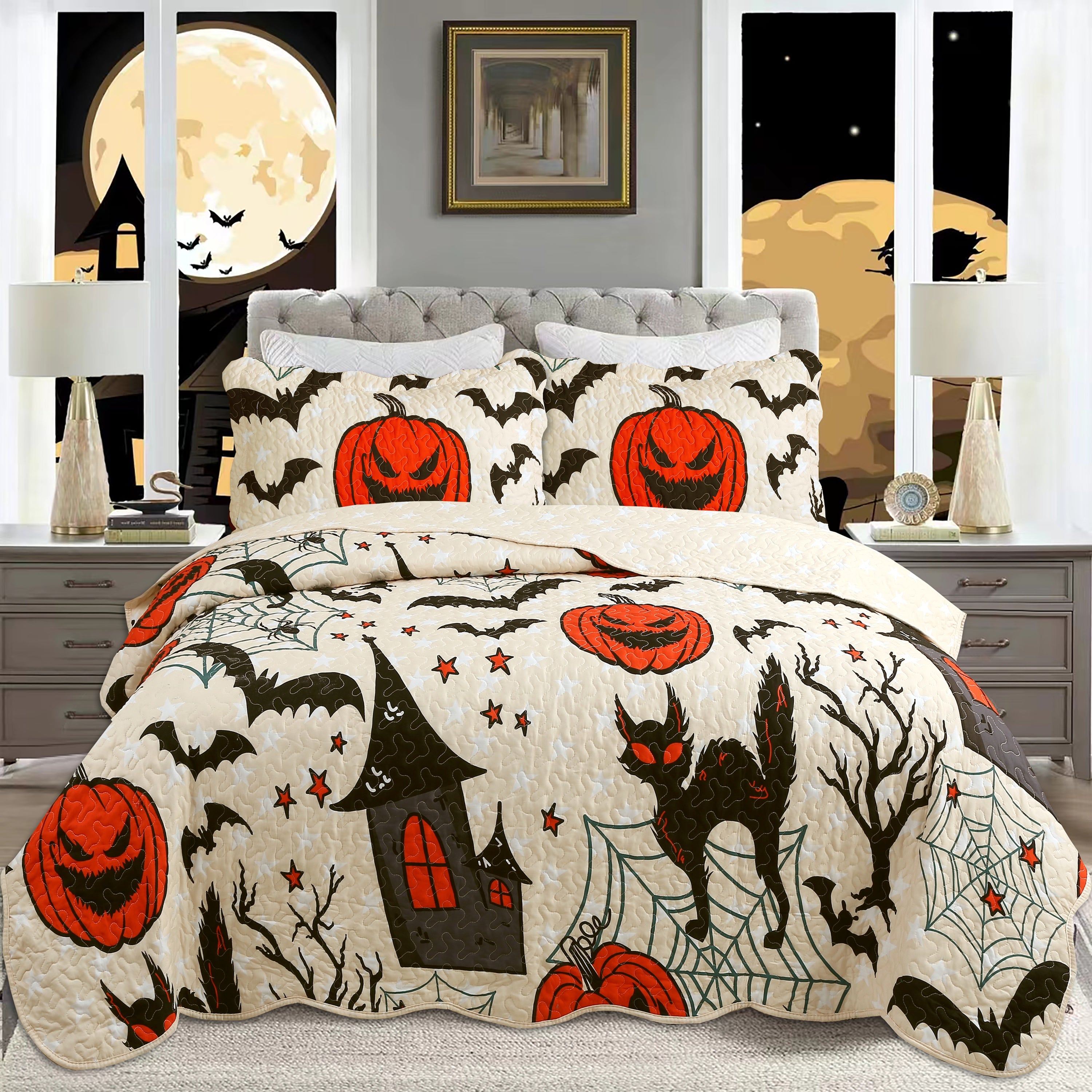 3 Piece Halloween Quilt Set - Pumpkin & Bat Print Bedspread ME503