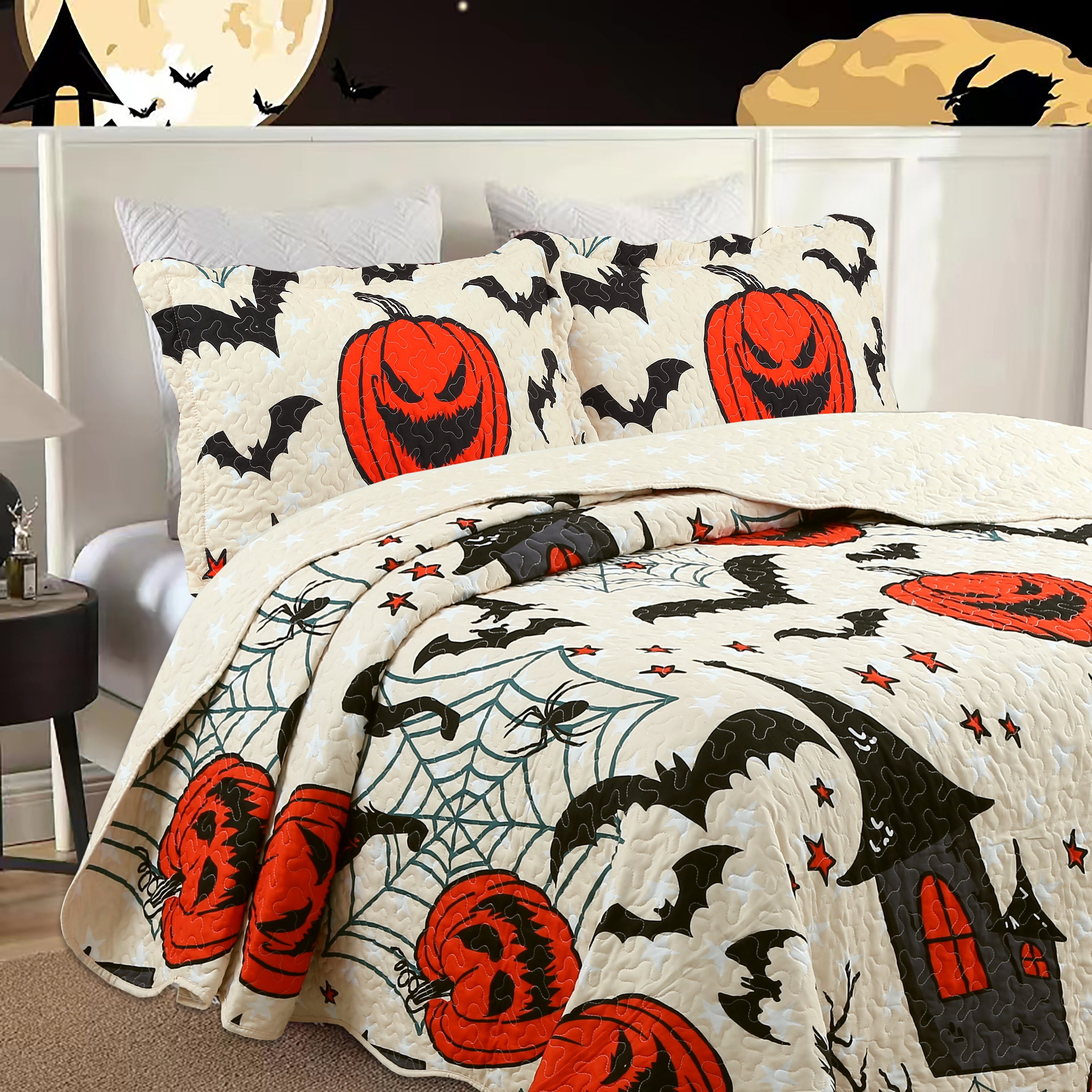 3 Piece Halloween Quilt Set - Pumpkin & Bat Print Bedspread ME503