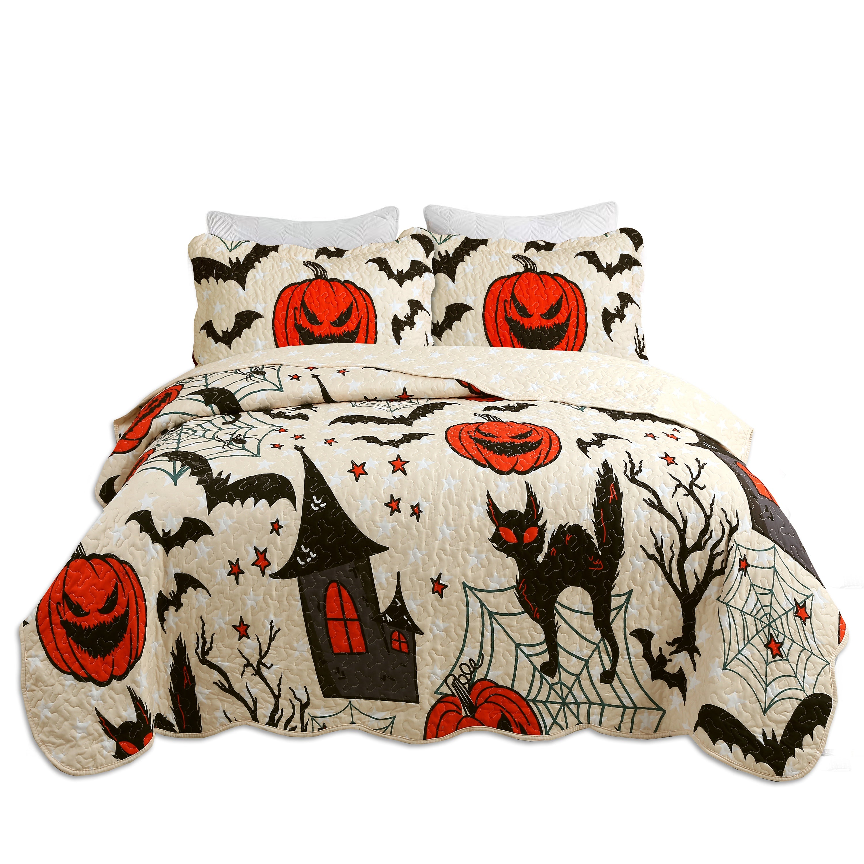 3 Piece Halloween Quilt Set - Pumpkin & Bat Print Bedspread ME503