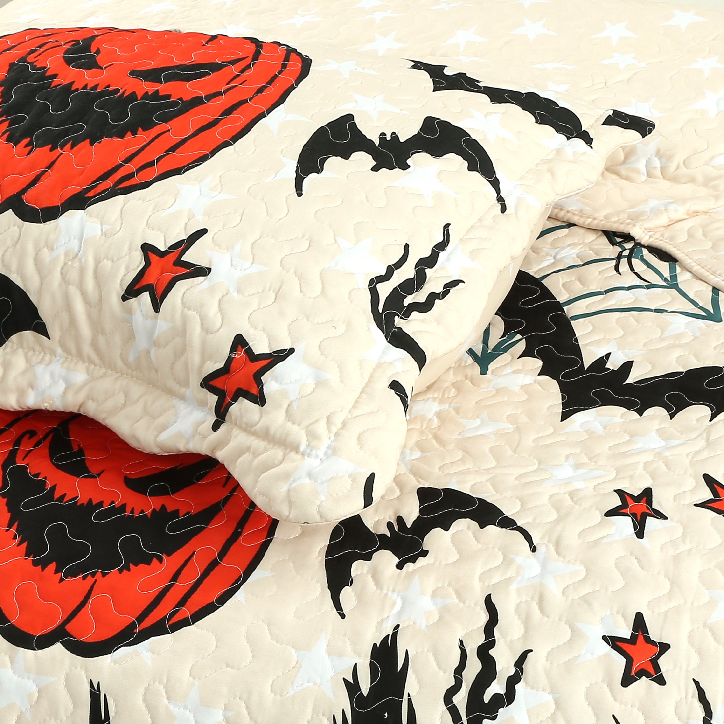 3 Piece Halloween Quilt Set - Pumpkin & Bat Print Bedspread ME503