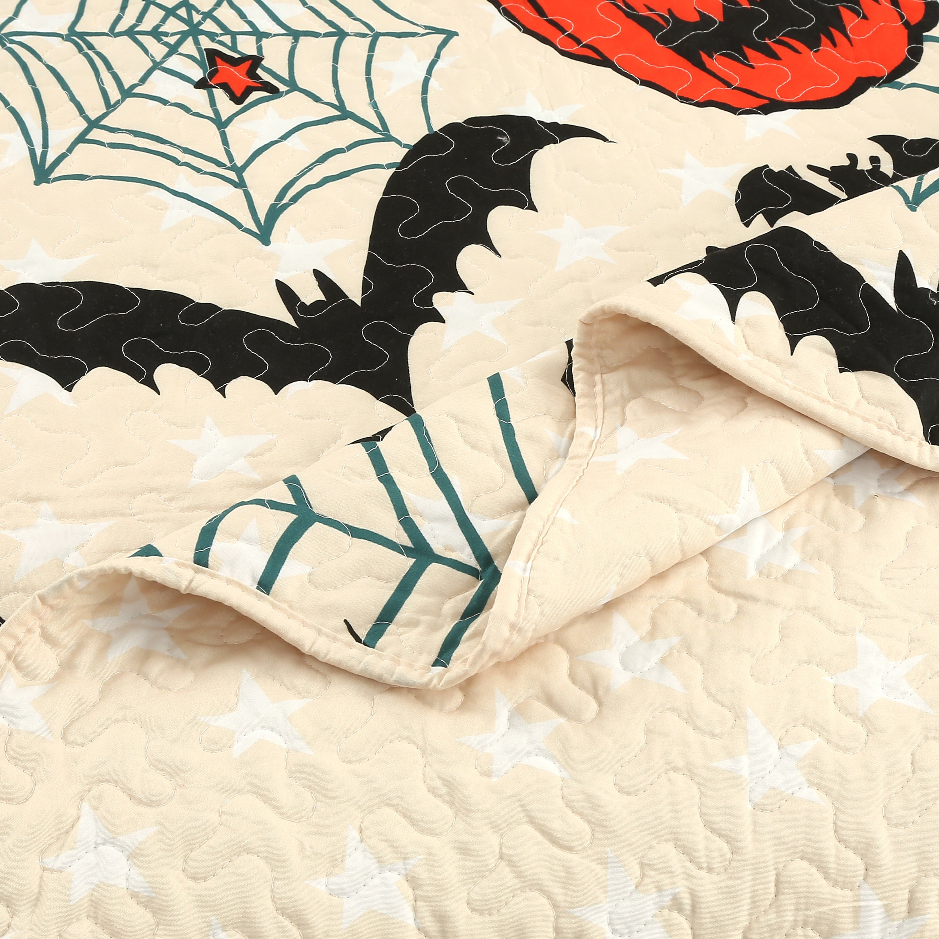 3 Piece Halloween Quilt Set - Pumpkin & Bat Print Bedspread ME503