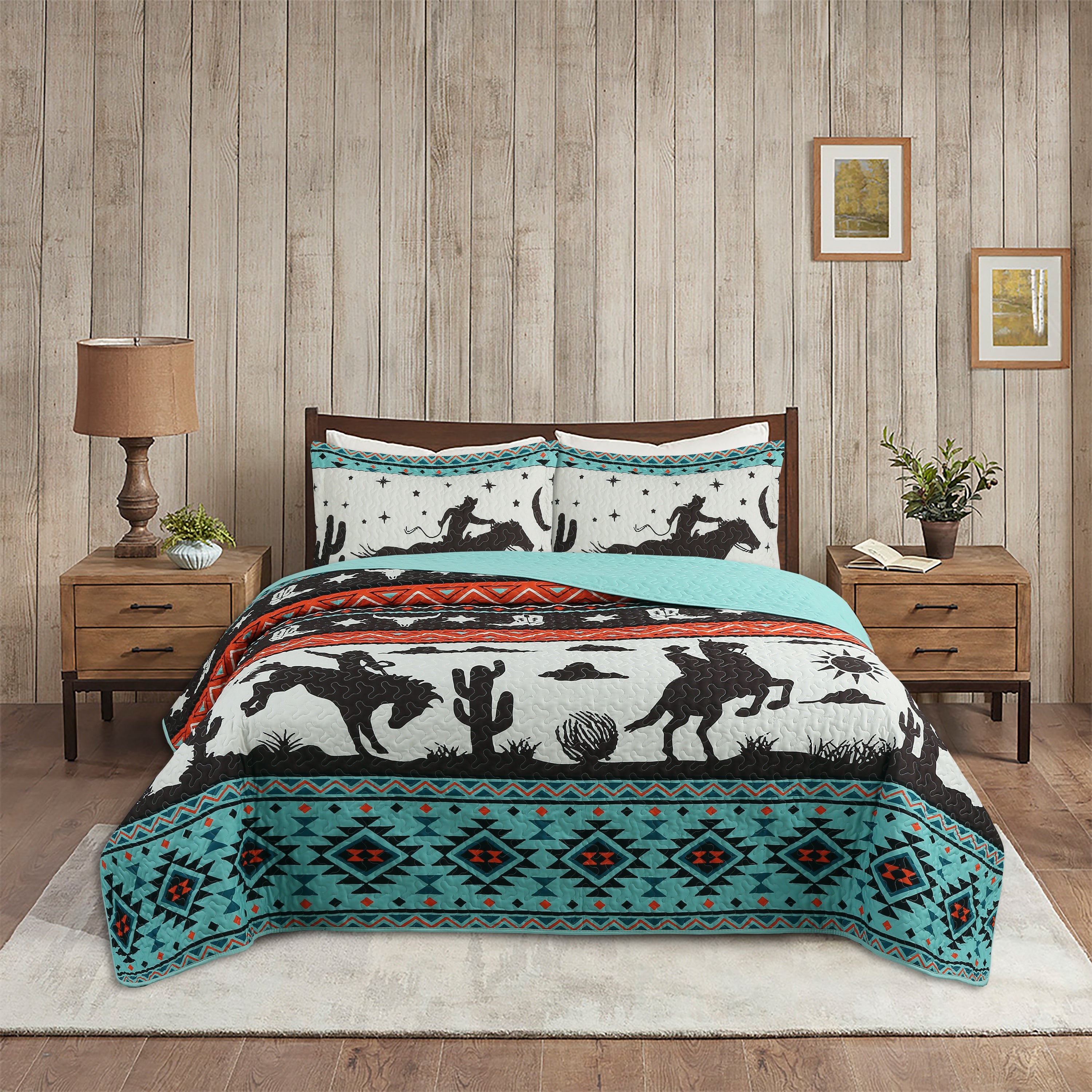 3 Piece Southwestern Cowboy Quilt Set - Western Horse Bedspread ME501