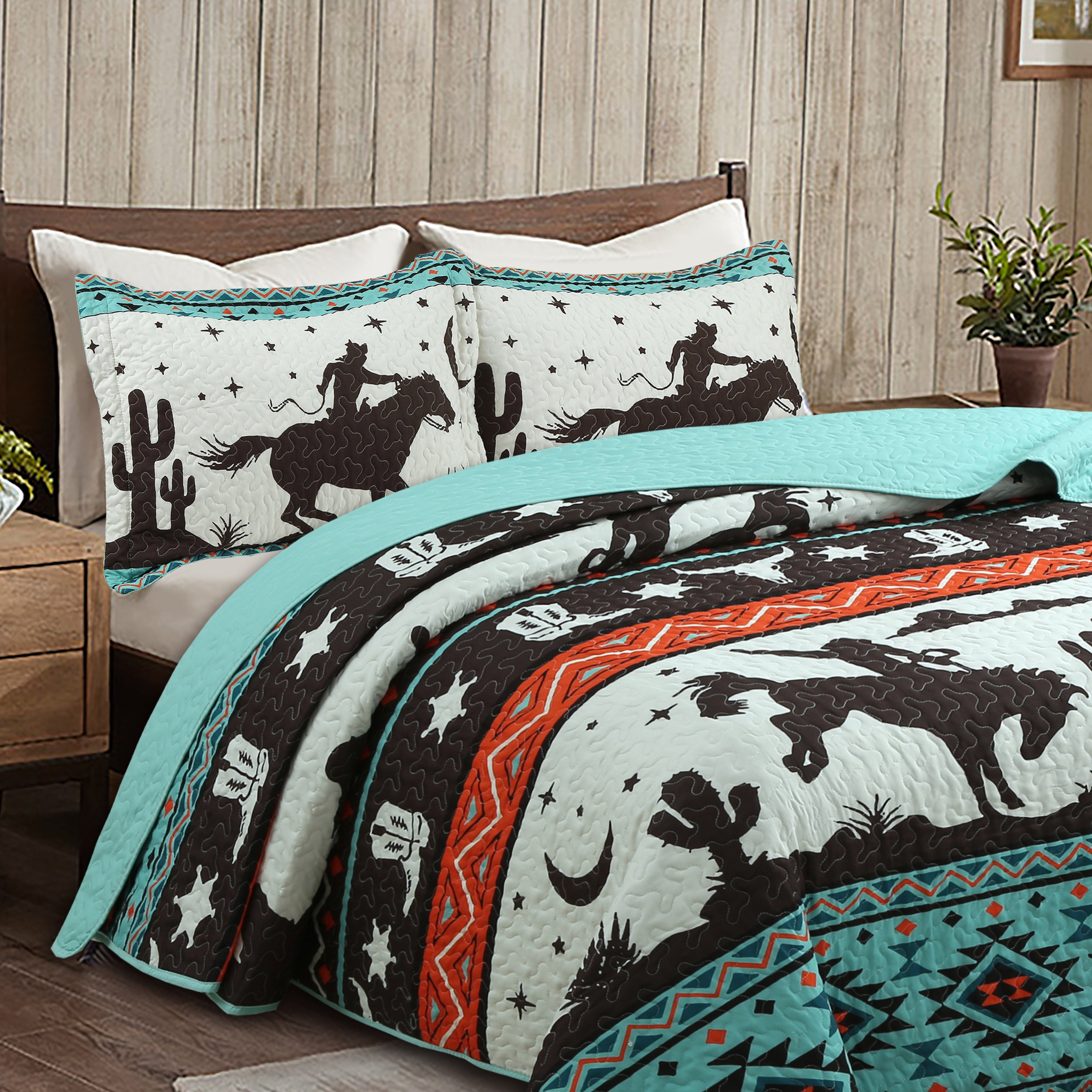 3 Piece Southwestern Cowboy Quilt Set - Western Horse Bedspread ME501