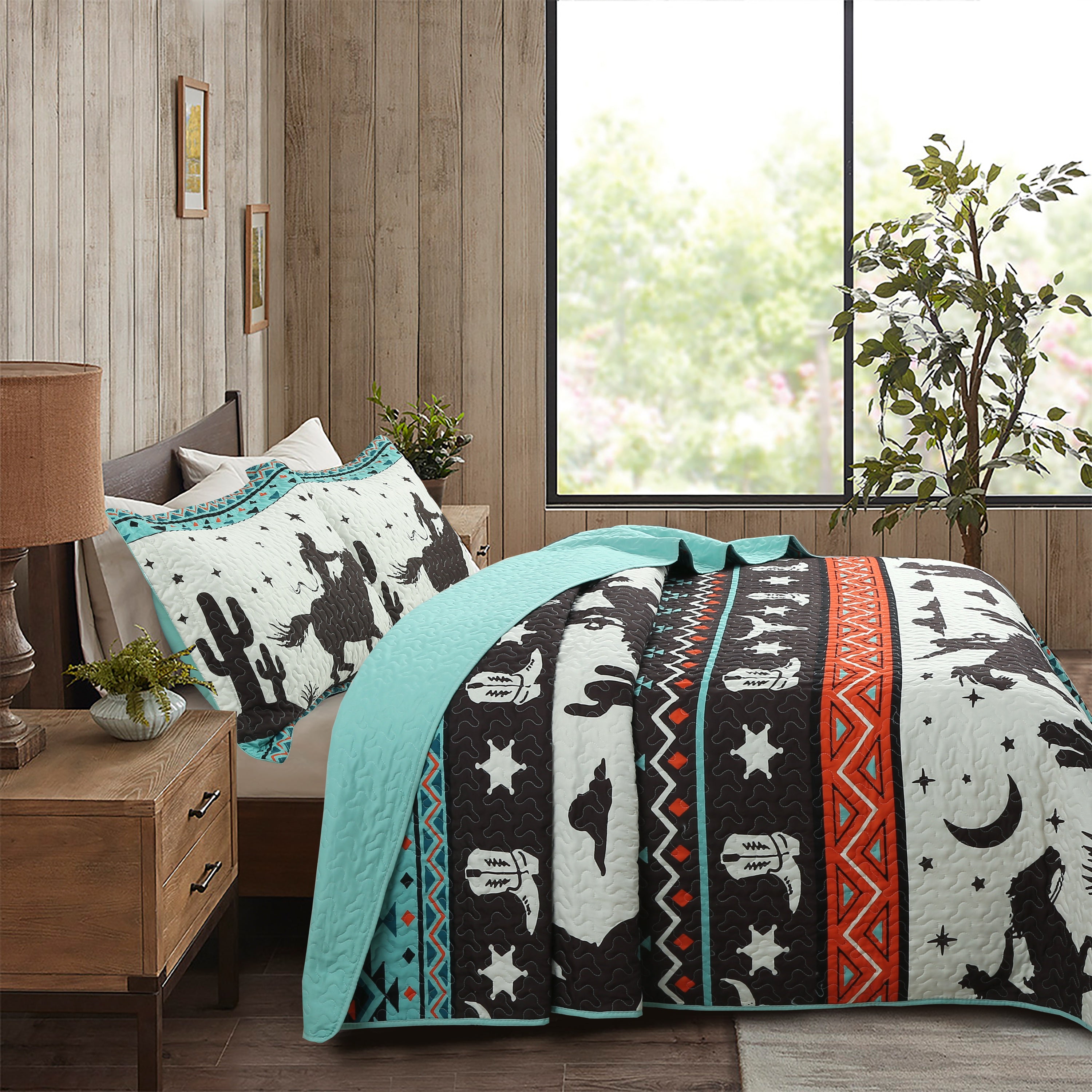 3 Piece Southwestern Cowboy Quilt Set - Western Horse Bedspread ME501