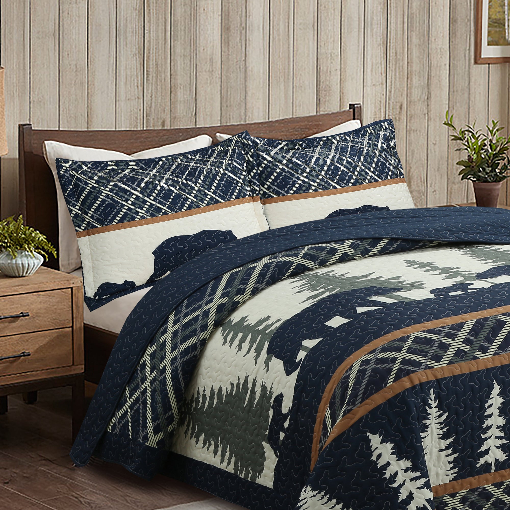 3 Piece Rustic Cabin Bear Forest Quilt Set – Lodge Country Bedspread ME504