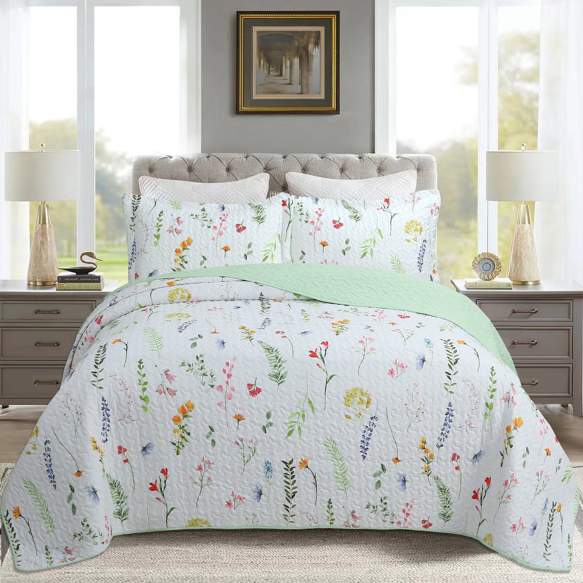 3 Piece Botanical Floral Quilt Set – Lightweight Garden Flower Bedspread ME505
