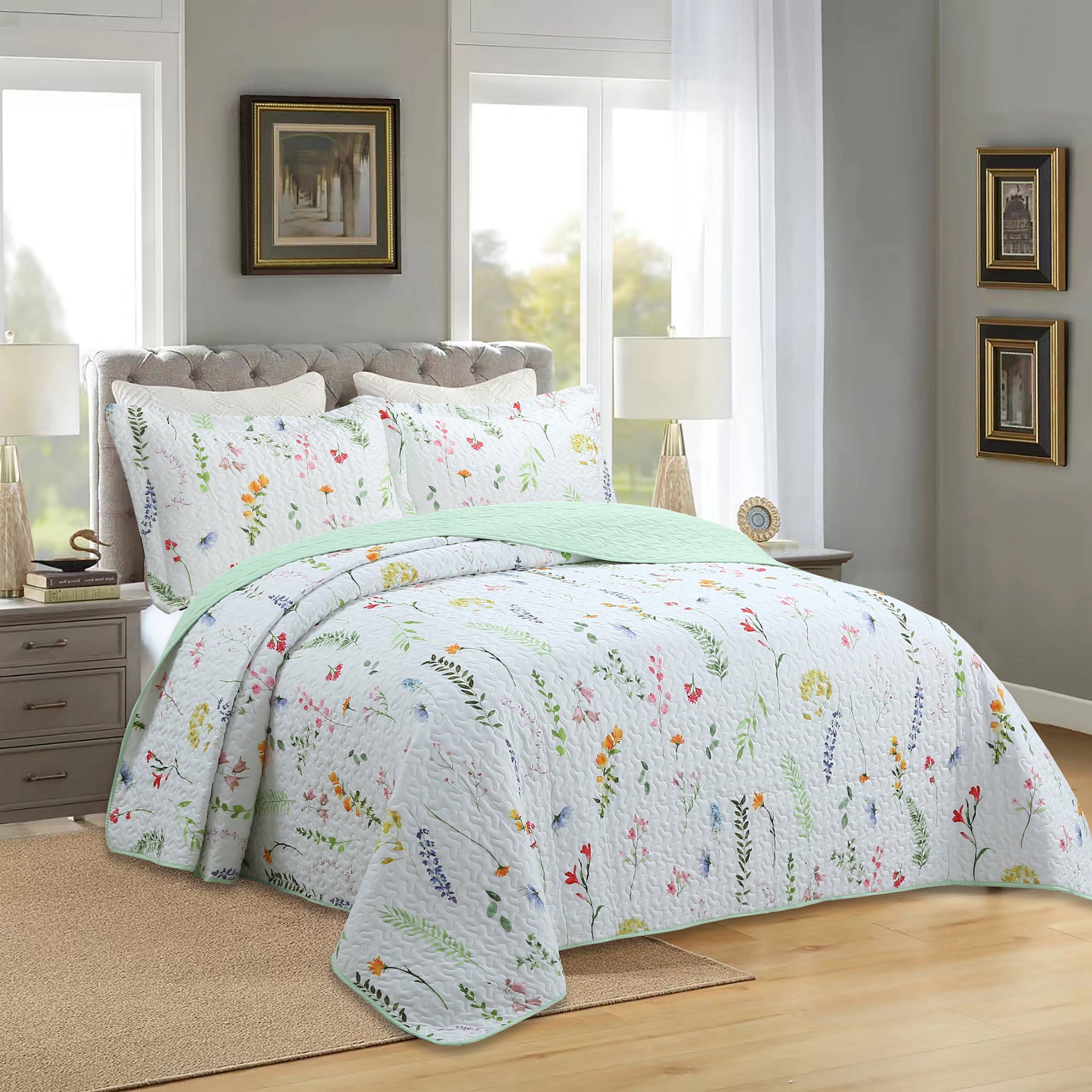 3 Piece Botanical Floral Quilt Set – Lightweight Garden Flower Bedspread ME505
