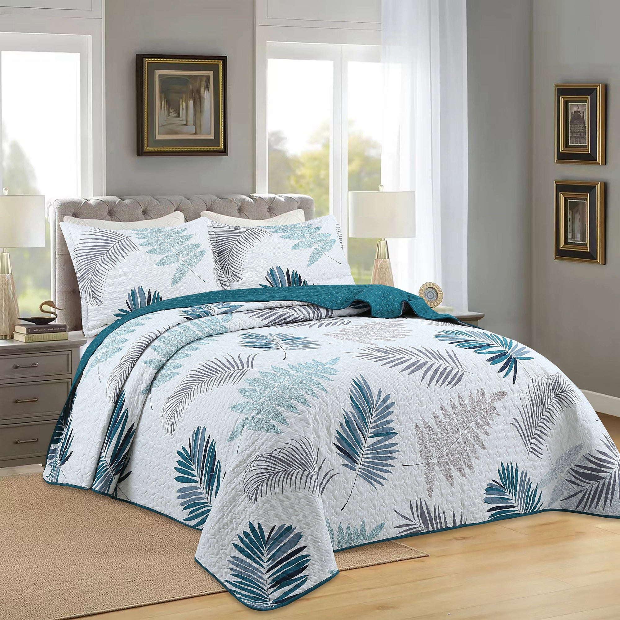 3 Piece Printed Leaf Quilt Set Lightweight Bedspread Set ME507