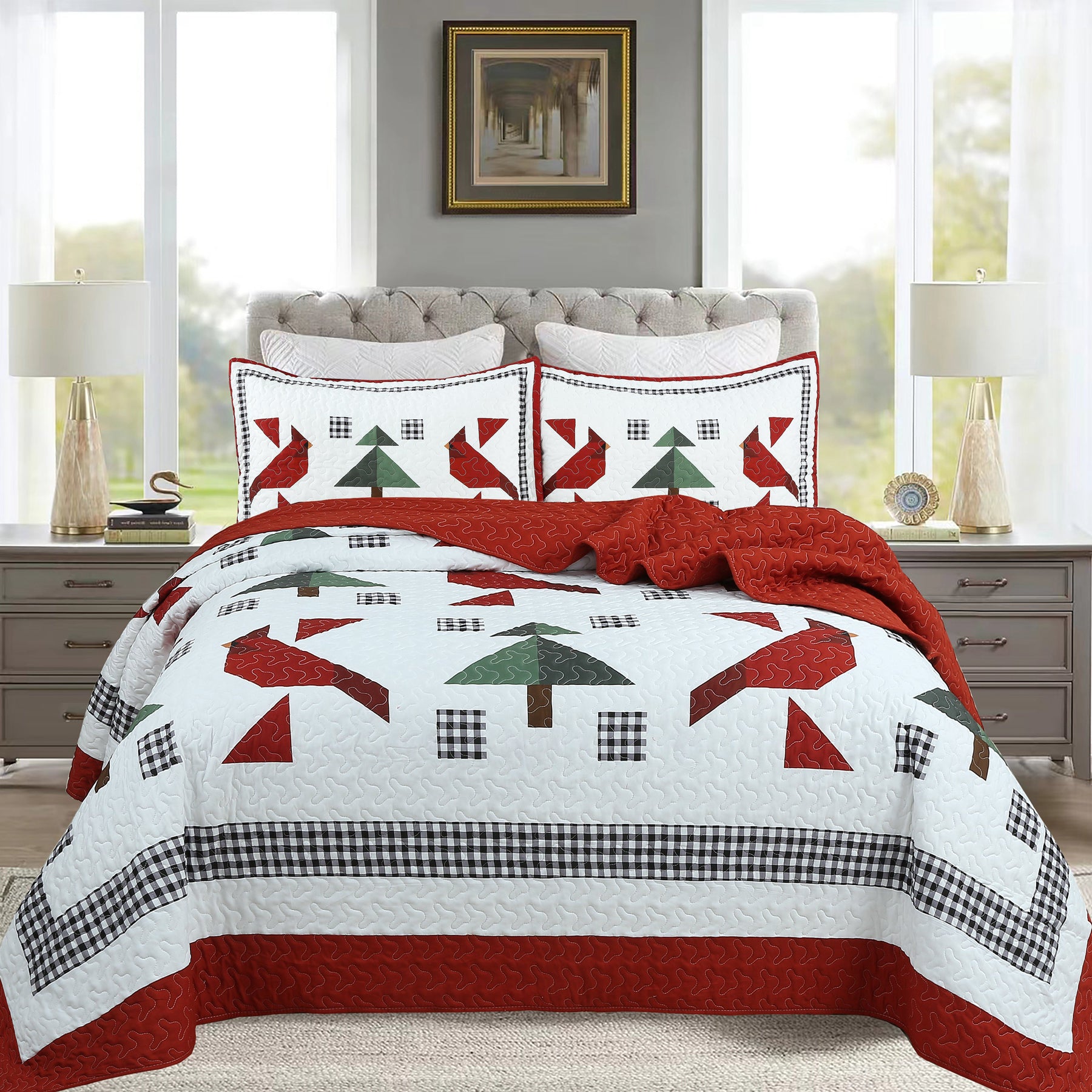 3 Piece Christmas Cardinal Quilt Set – Winter Holiday Bedspread ME509