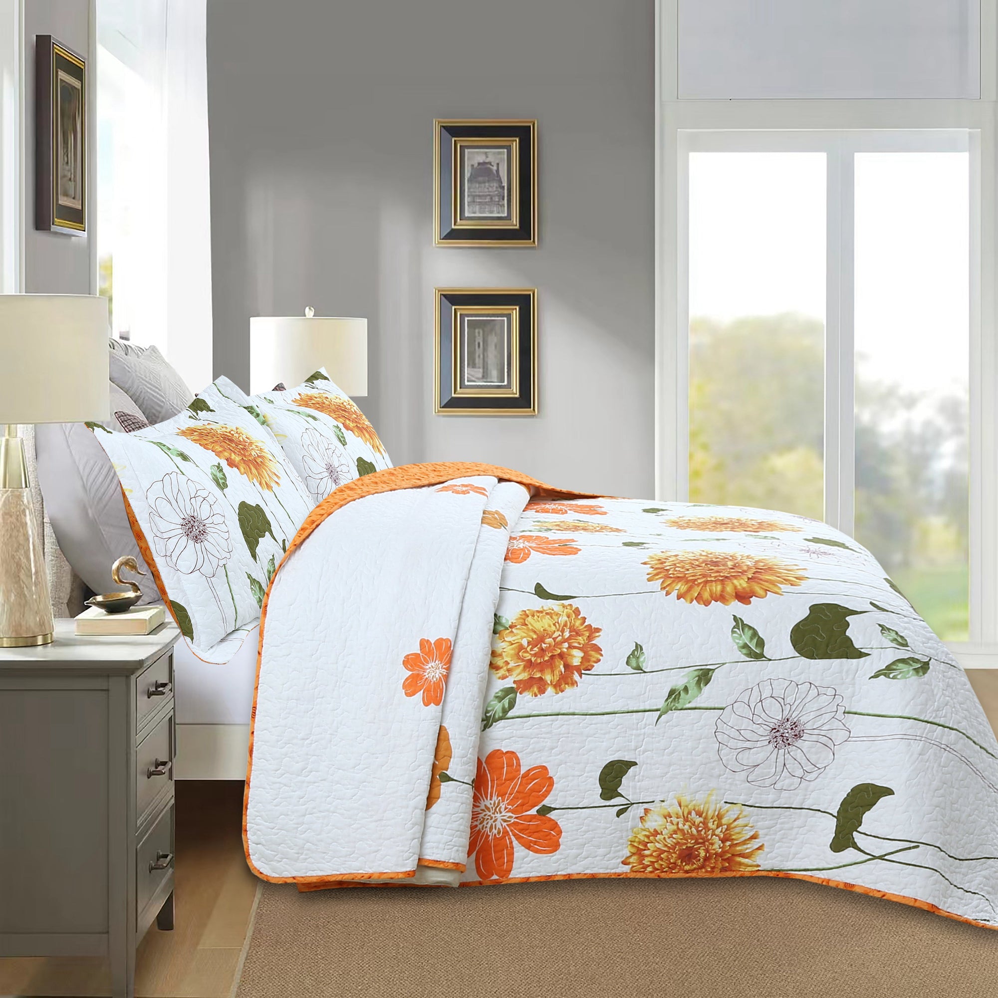 3 Piece 100% Cotton Botanical Floral Quilt Set – Lightweight Reversible Bedspread ME508
