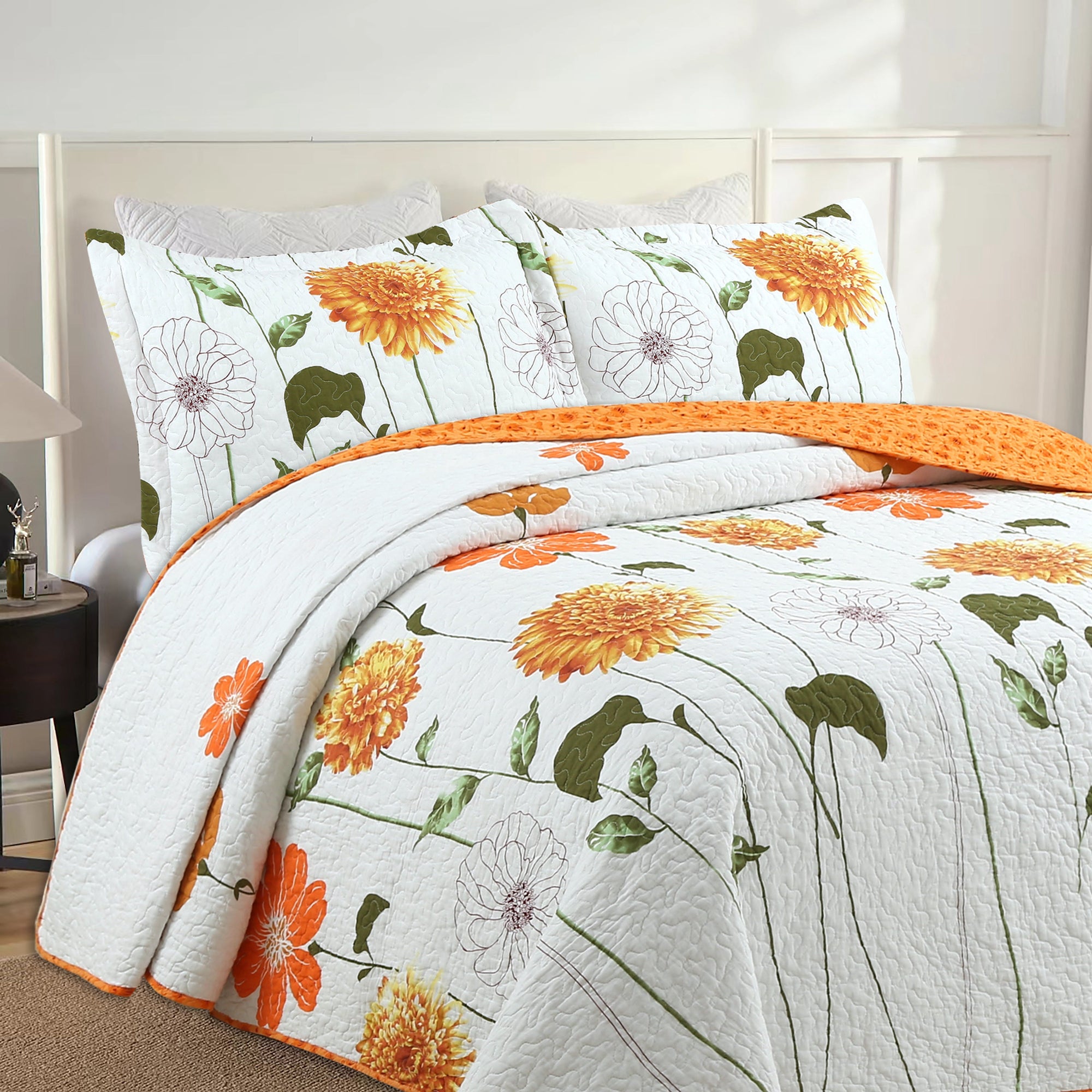 3 Piece 100% Cotton Botanical Floral Quilt Set – Lightweight Reversible Bedspread ME508