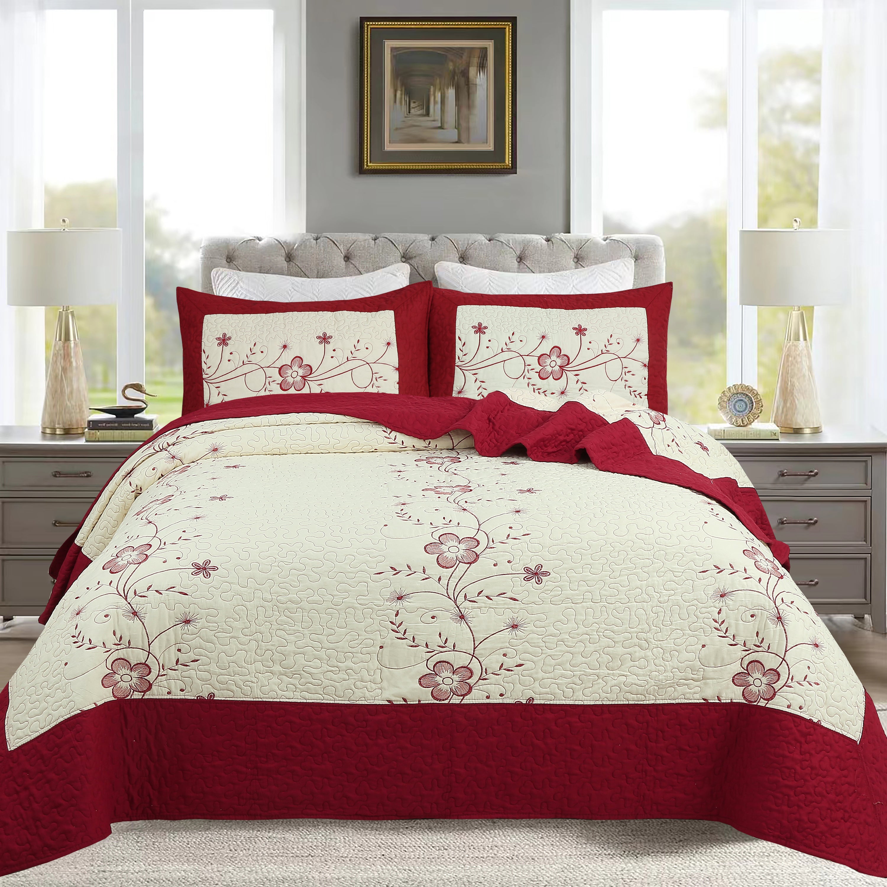 3 Piece Queen Size Embroidered Floral Quilt Bedspread Set