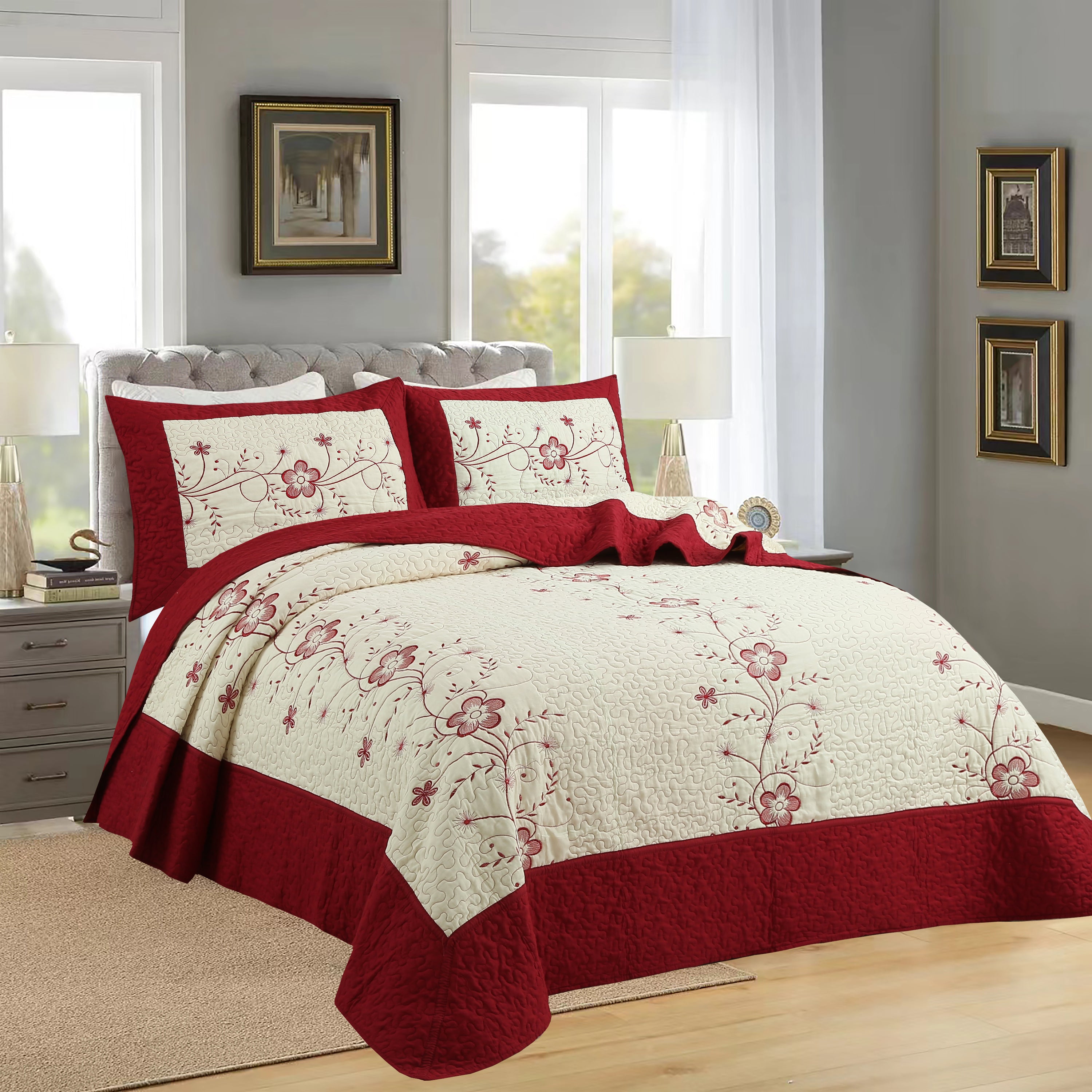 3 Piece Queen Size Embroidered Floral Quilt Bedspread Set