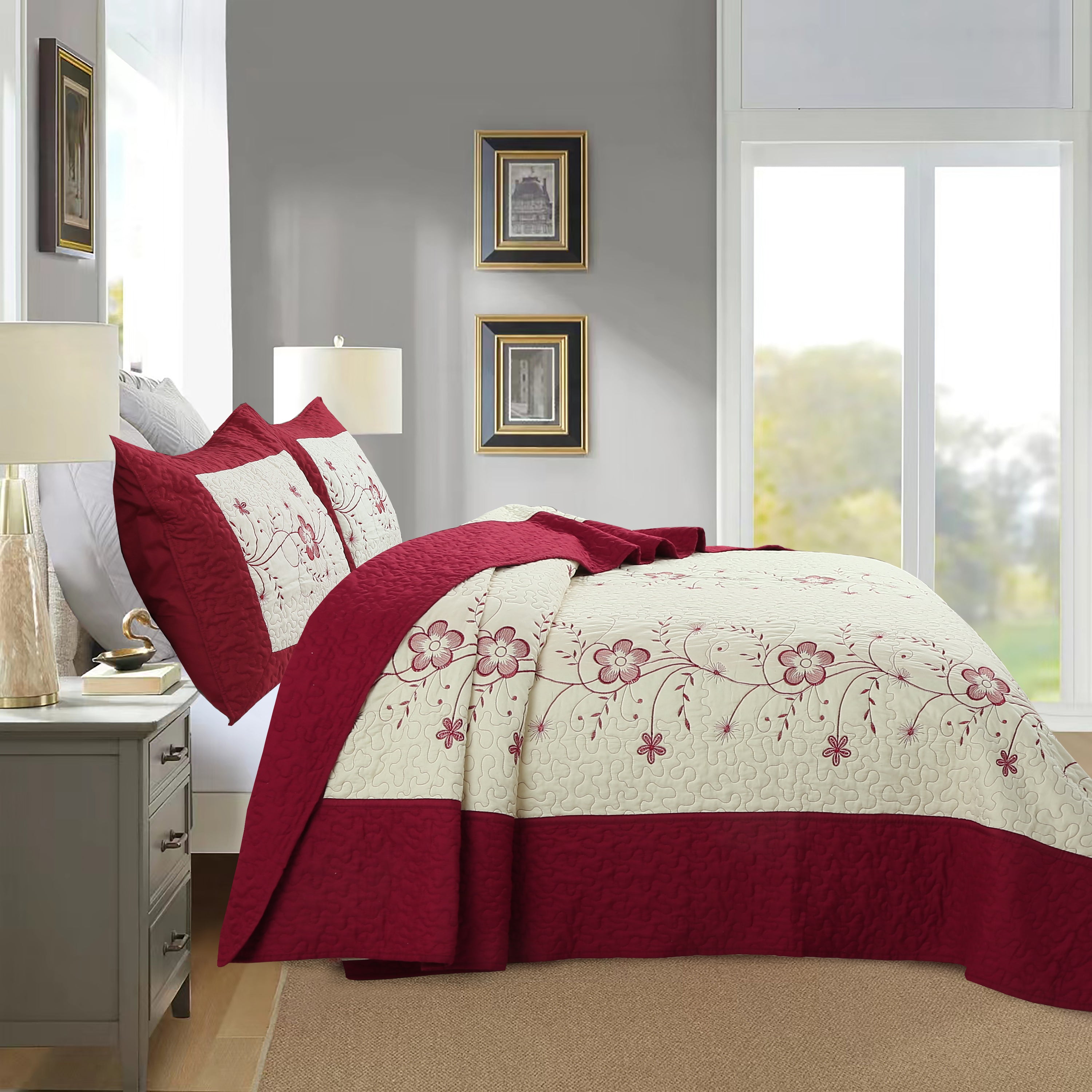 3 Piece Queen Size Embroidered Floral Quilt Bedspread Set