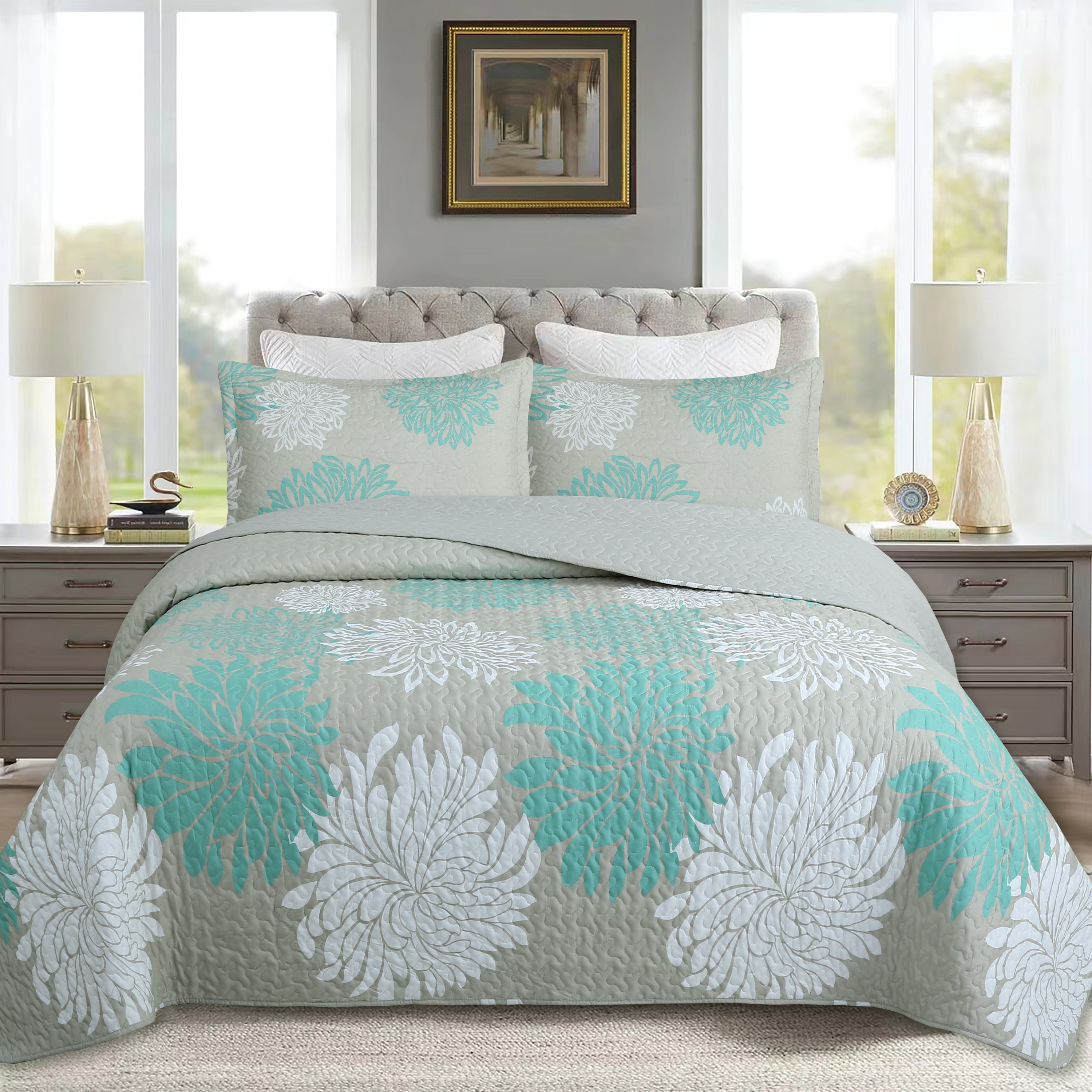 3 Piece Printed Leaf Lightweight Quilt Bedspread Set ME510