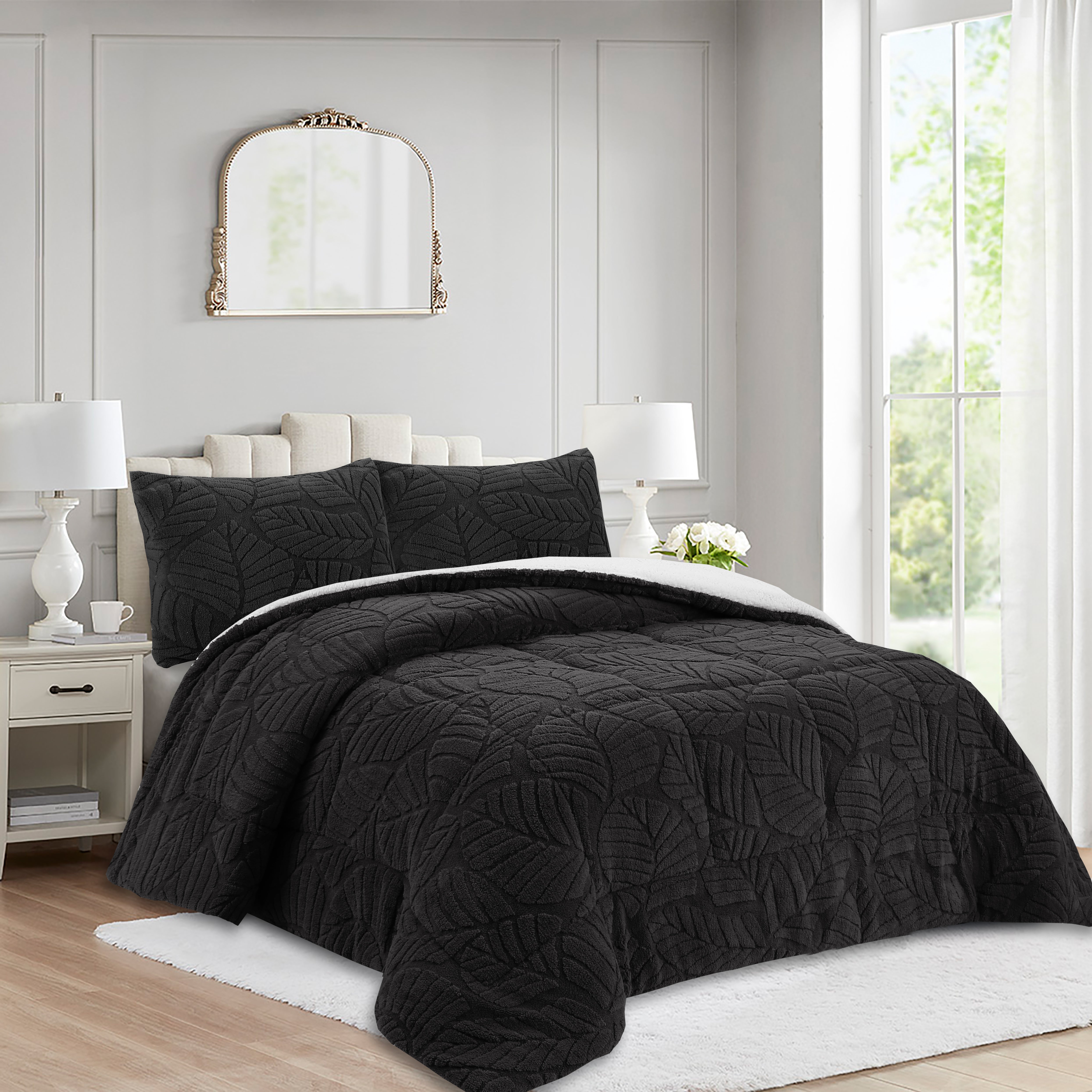 Soft 3 Piece Leaf Pattern Jacquard Plush Comforter Set MEL