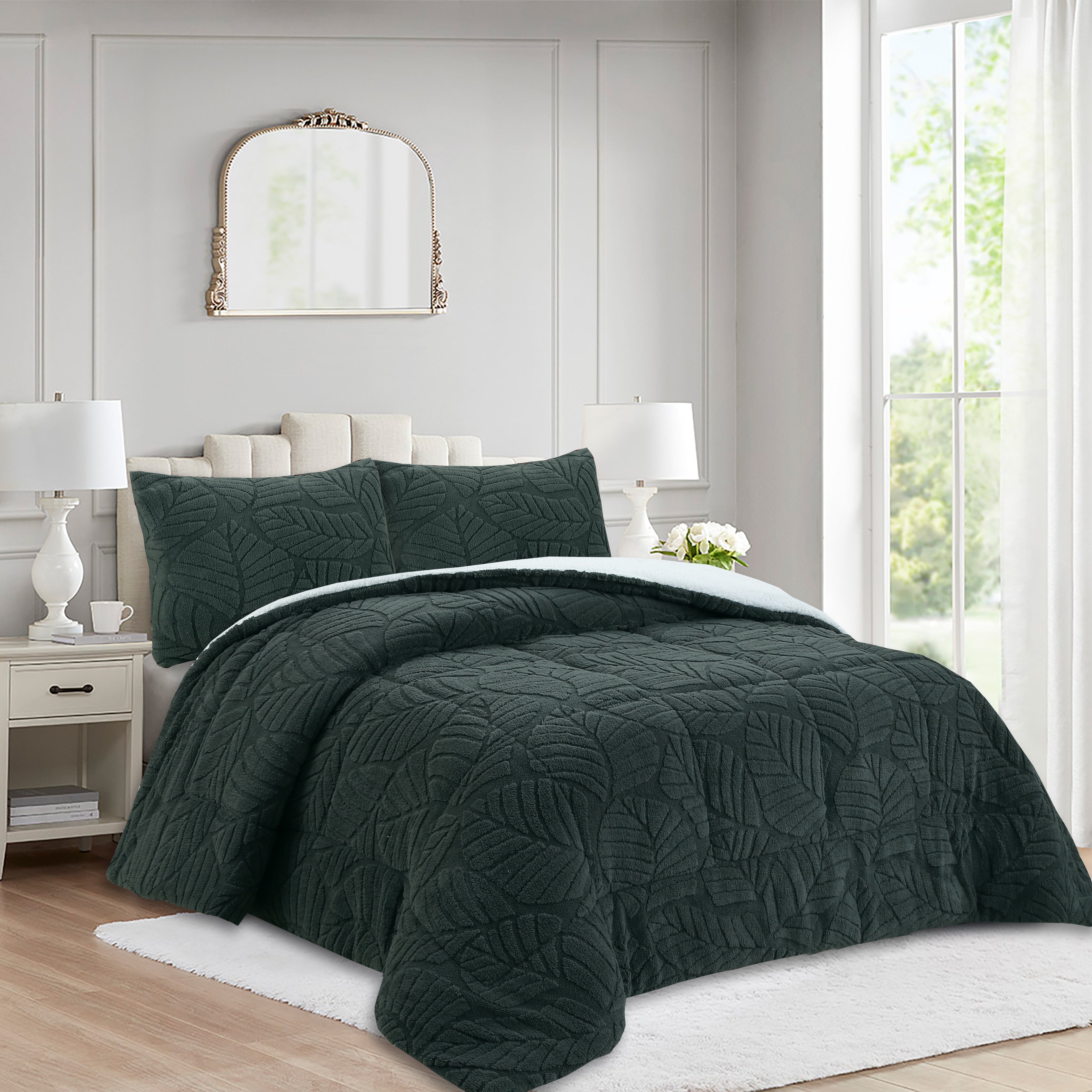 Soft 3 Piece Leaf Pattern Jacquard Plush Comforter Set MEL