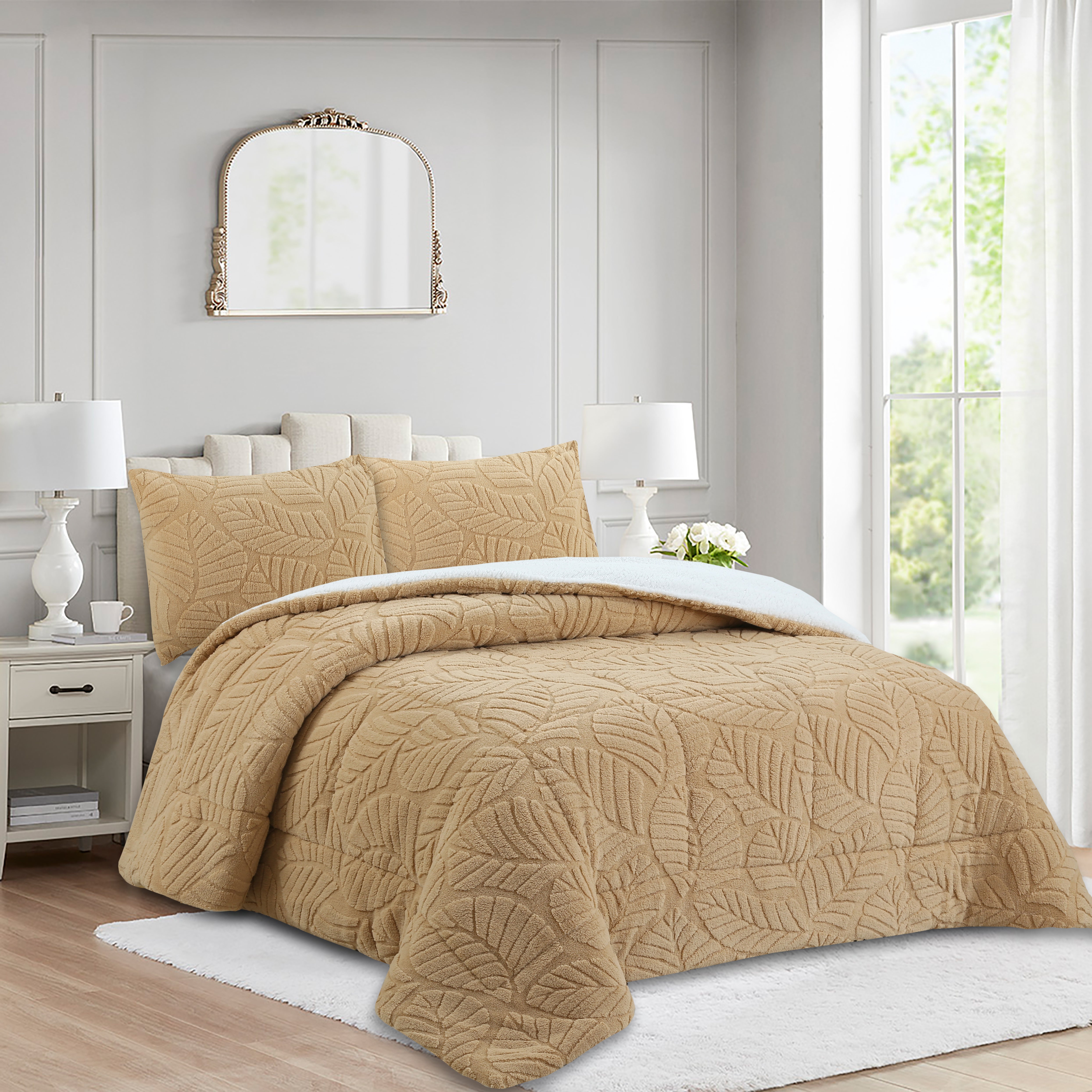 Soft 3 Piece Leaf Pattern Jacquard Plush Comforter Set MEL