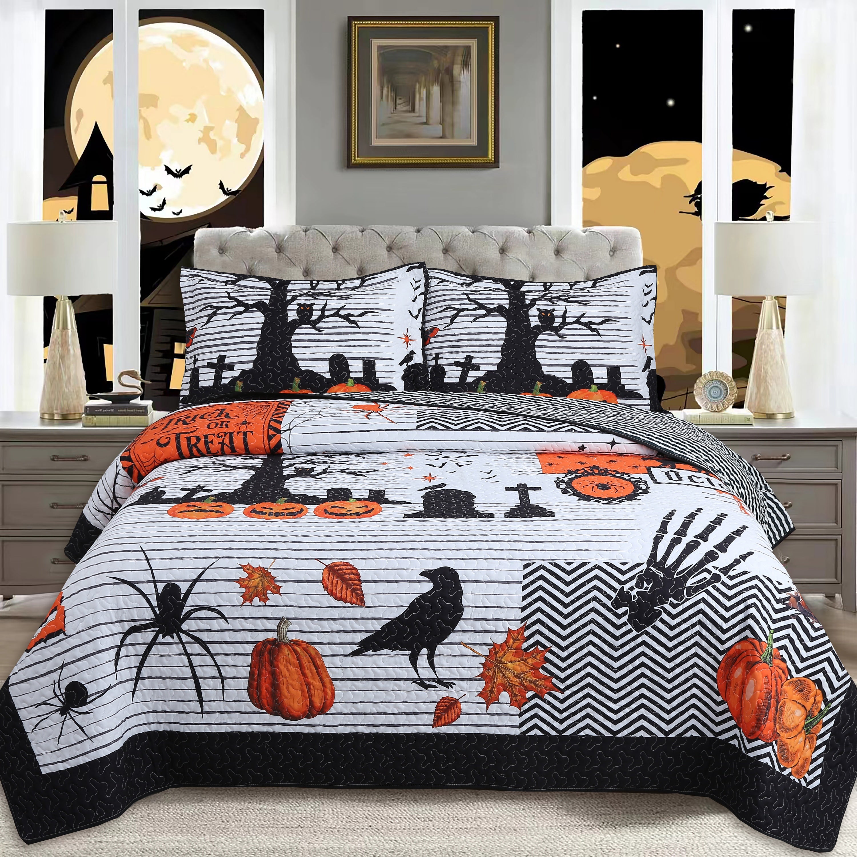 3 Piece Polyester Halloween Quilt Set – Pumpkin Haunted Night Bedspread ME511