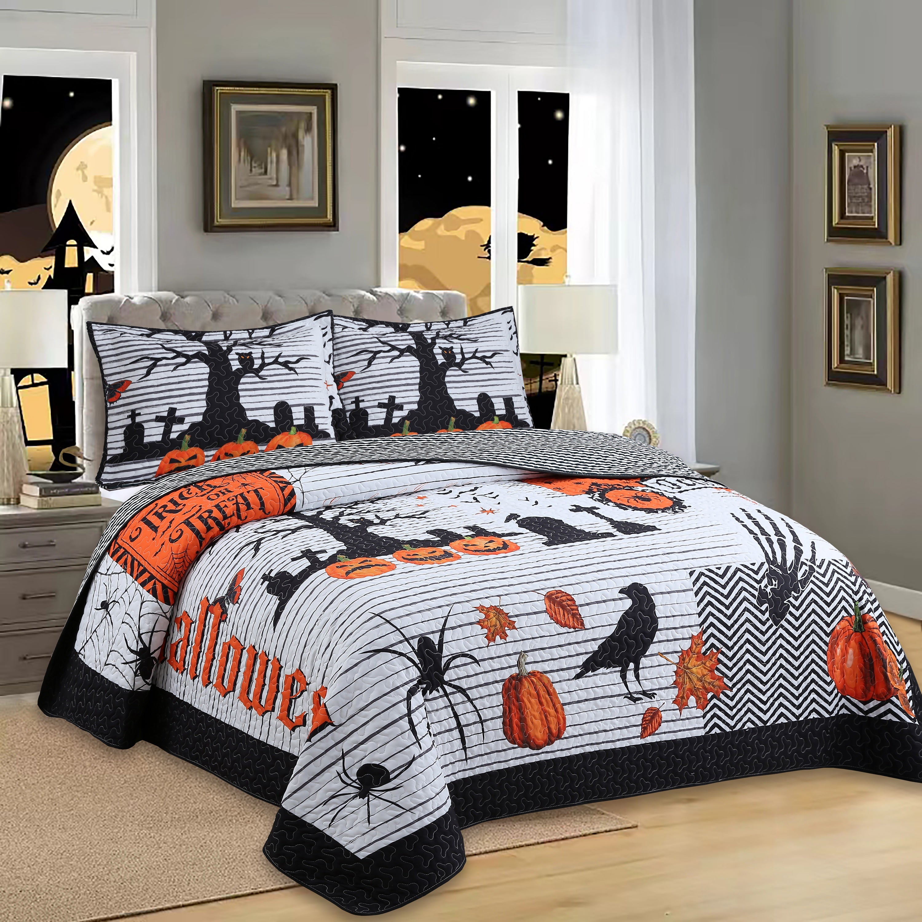 3 Piece Polyester Halloween Quilt Set – Pumpkin Haunted Night Bedspread ME511
