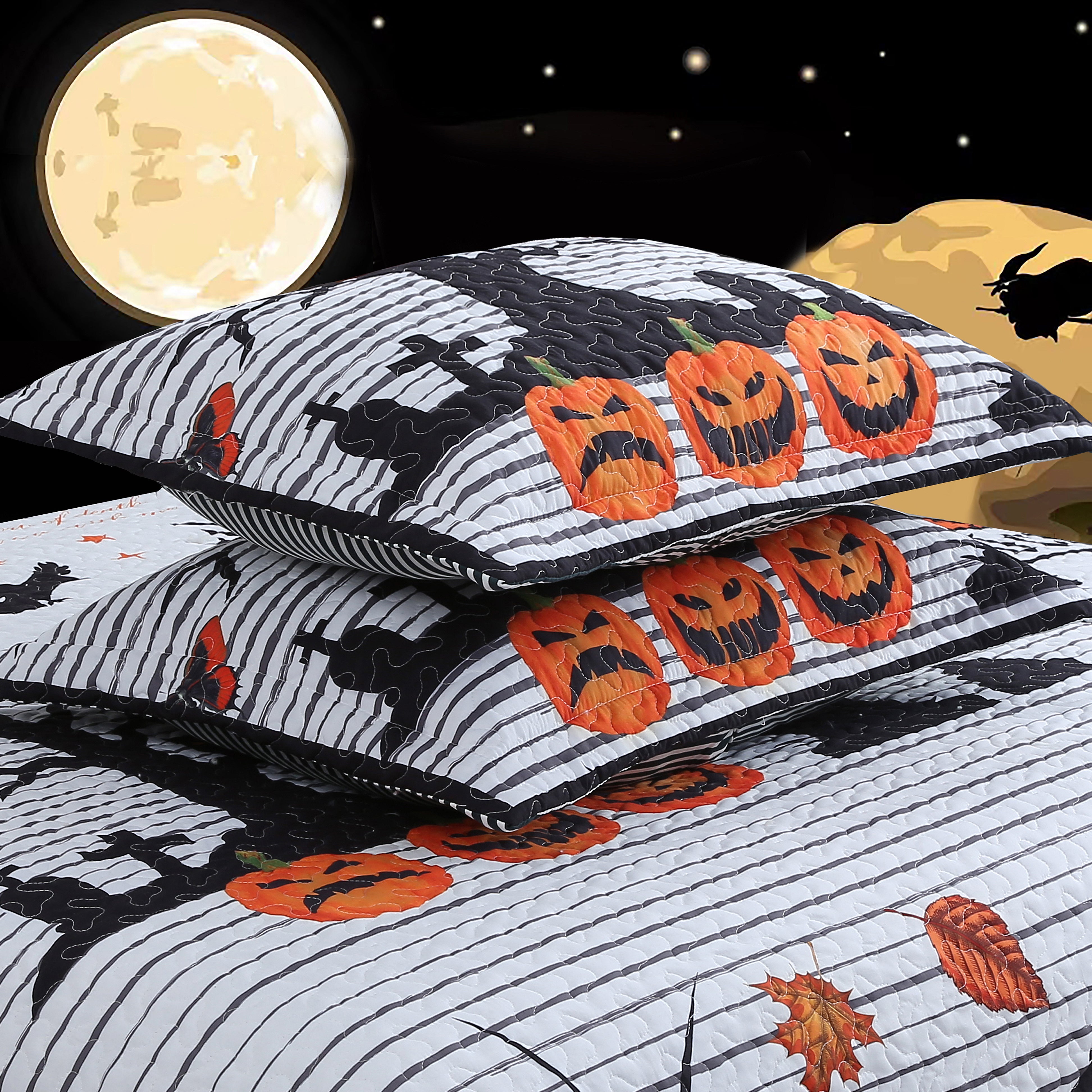 3 Piece Polyester Halloween Quilt Set – Pumpkin Haunted Night Bedspread ME511