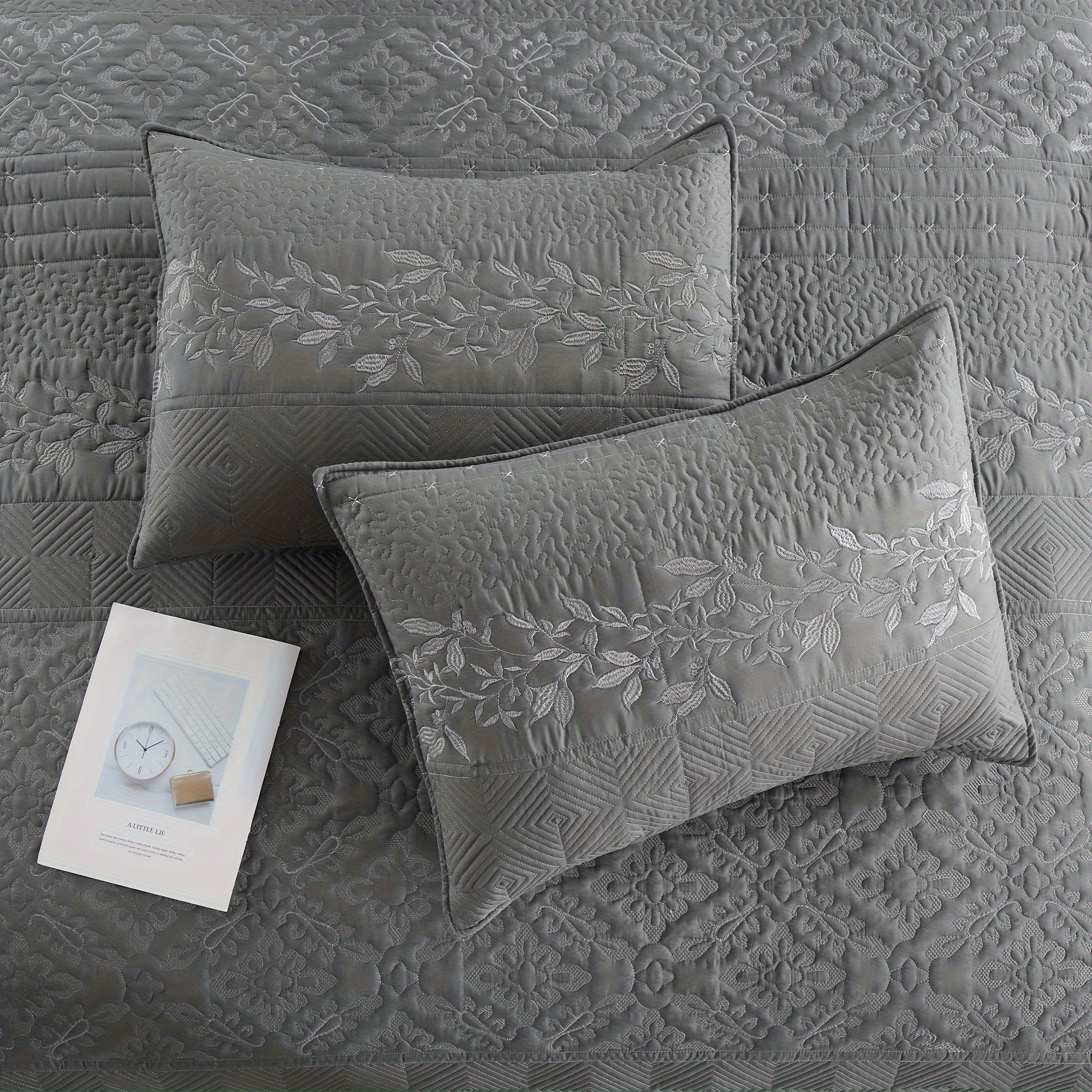 3 Piece Elegant Embroidered Quilt Set – Textured Floral & Geometric Bedspread