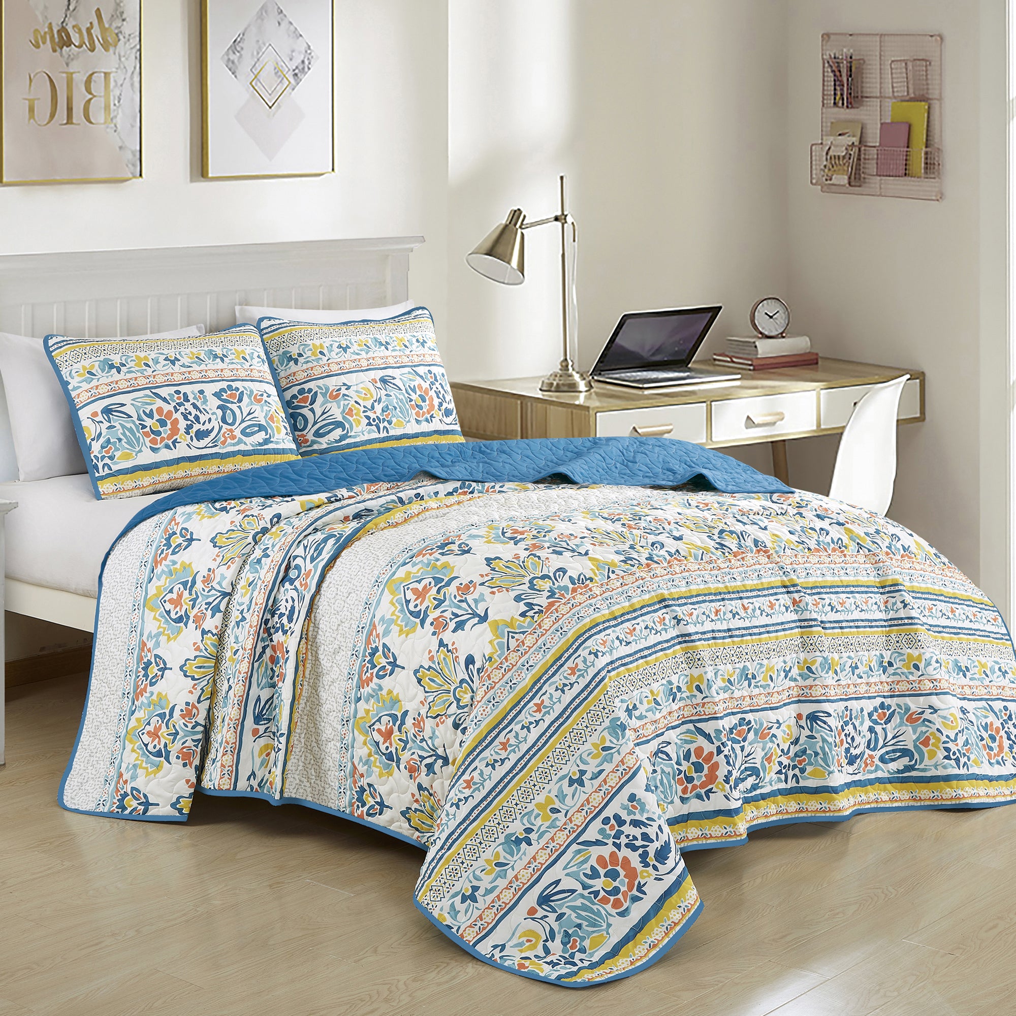 3 Piece Floral Reversible Boho Quilt Set – Colorful Botanical Bedspread JB22783