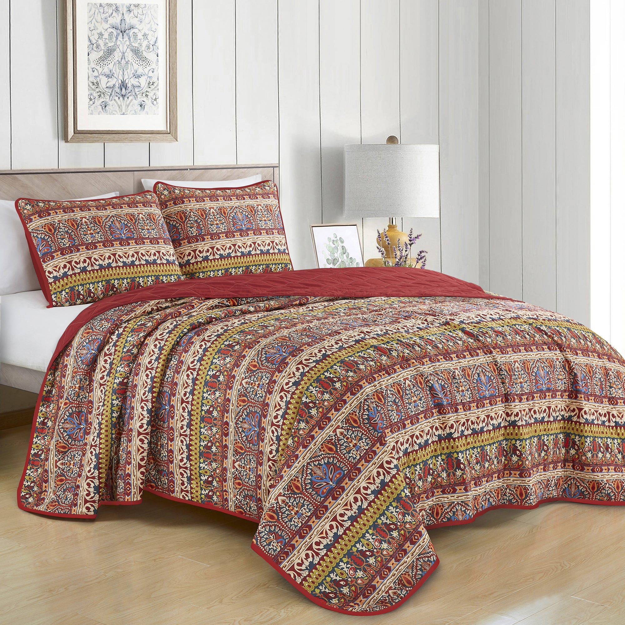3 Piece Cozy Bohemian Reversible Quilt Set – Bold Multicolor Bedspread JB22785