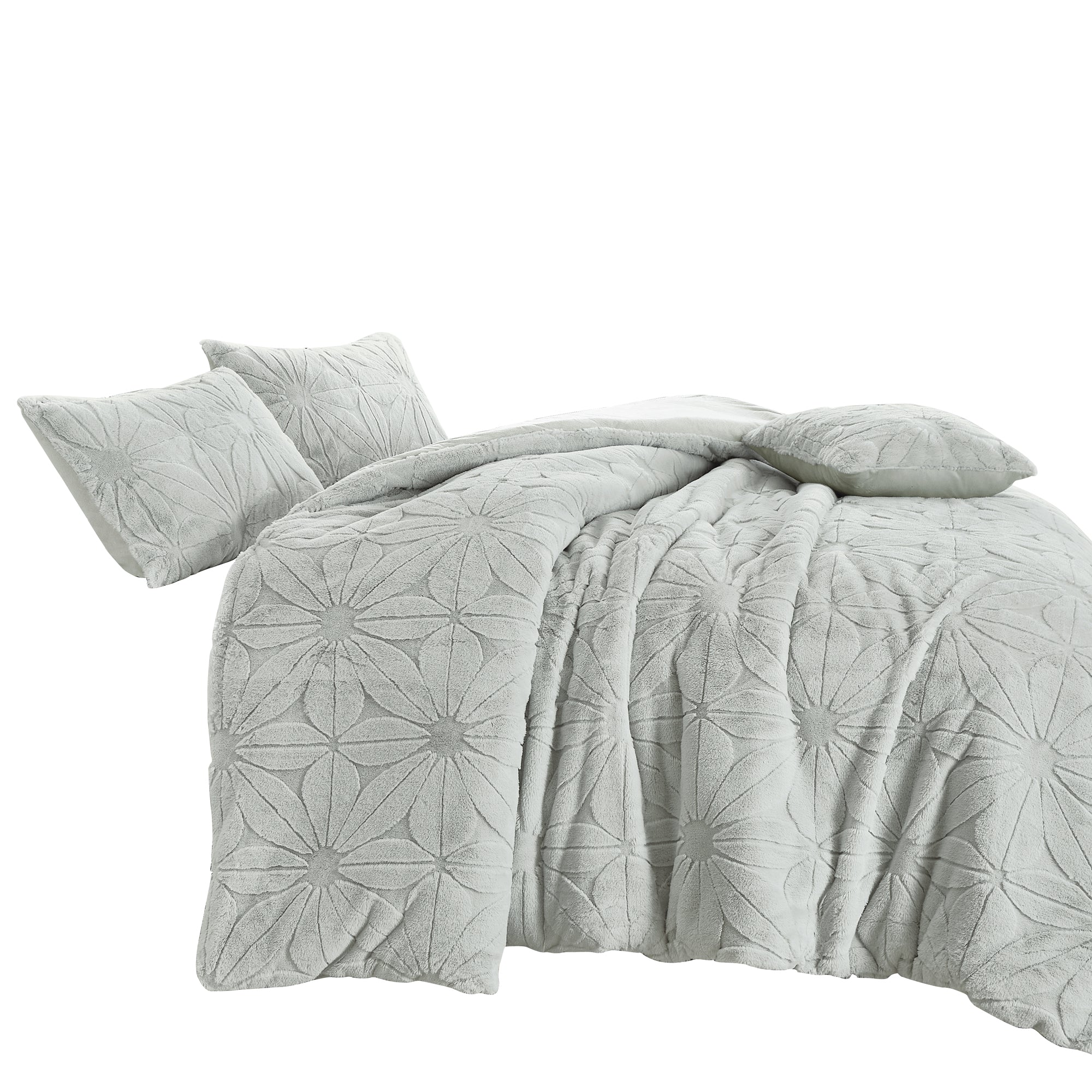 4-Piece Textured Floral Faux Fur Comforter Set with Velvet Backing