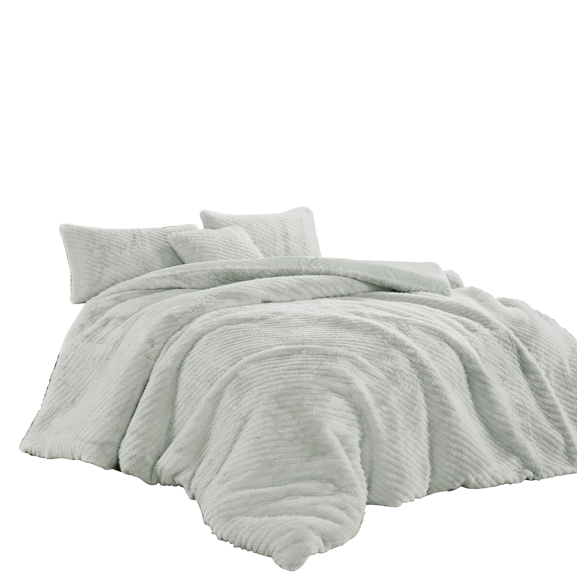 4-Piece Textured Diagonal Stripe Faux Fur Comforter Set with Velvet Backing