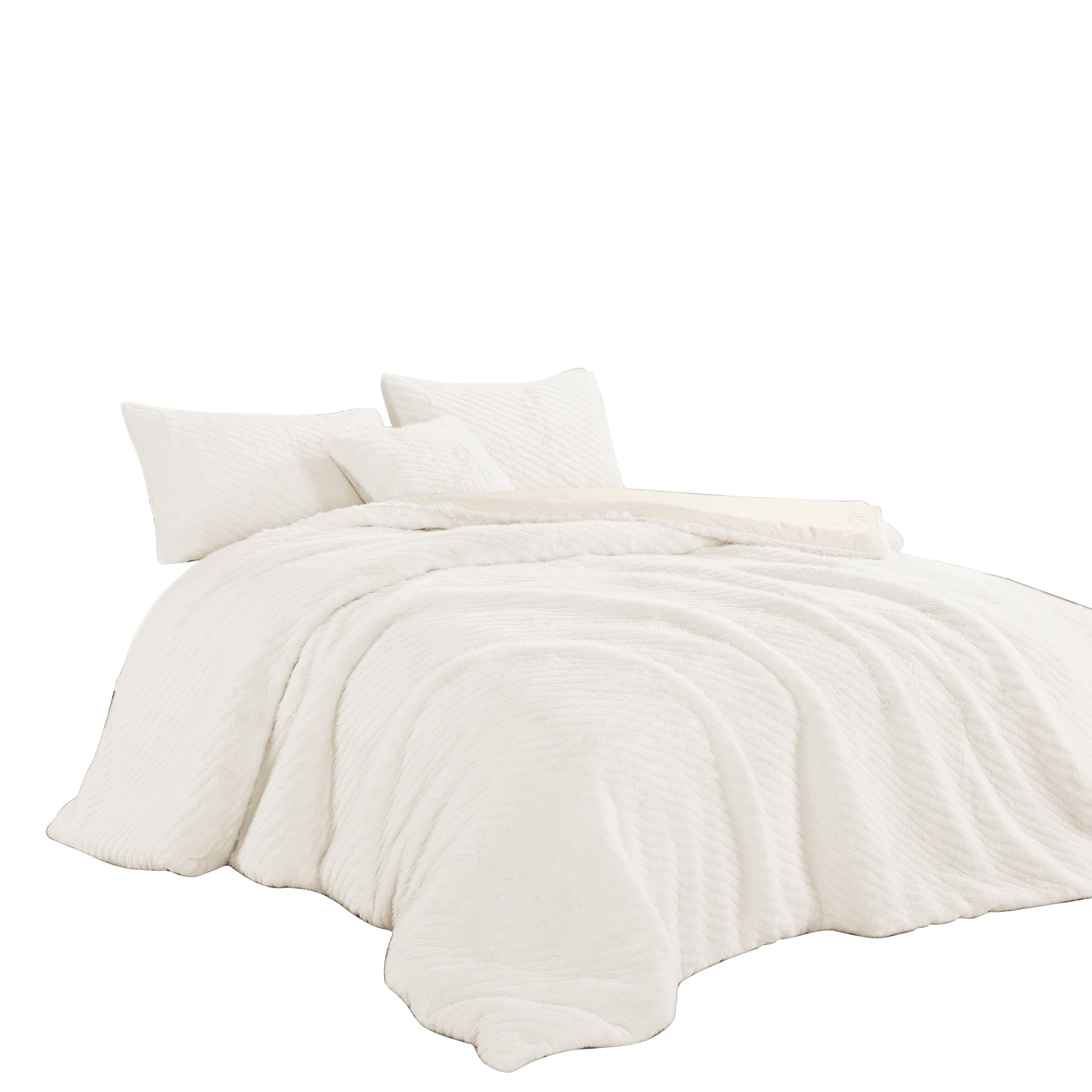 4-Piece Textured Diagonal Stripe Faux Fur Comforter Set with Velvet Backing