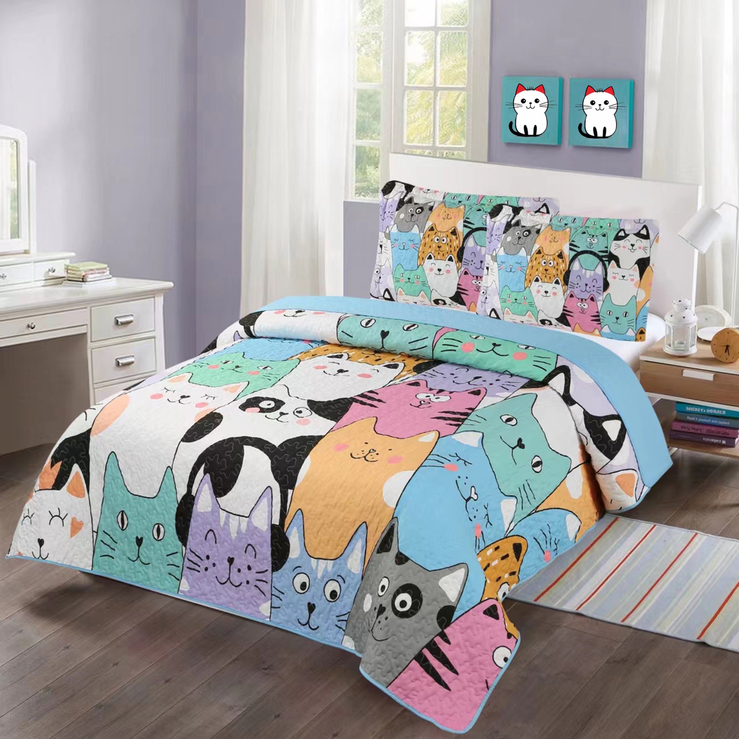 3 Piece Cat Print Quilt Set for Kids - Colorful Bedspread WX202