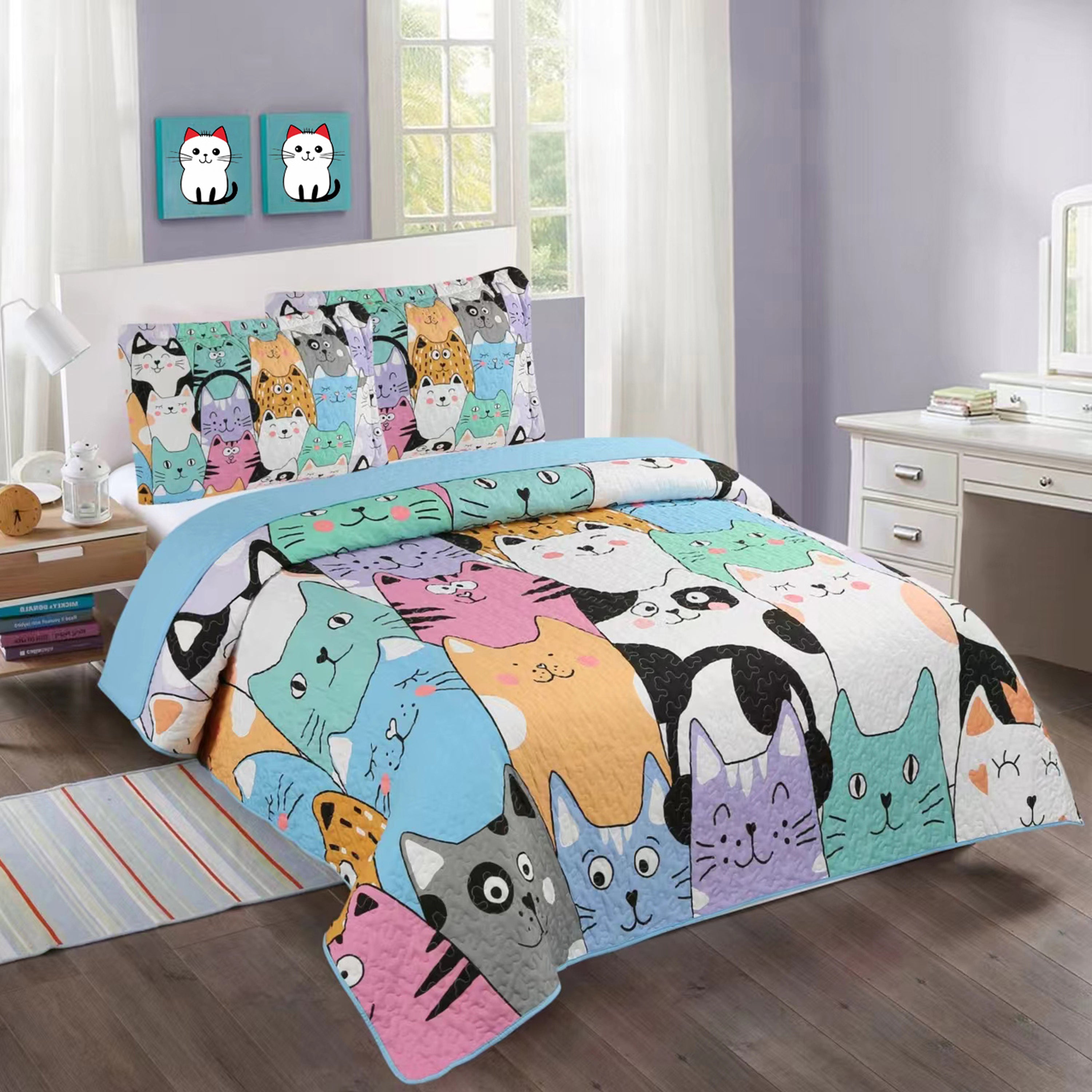 3 Piece Cat Print Quilt Set for Kids - Colorful Bedspread WX202