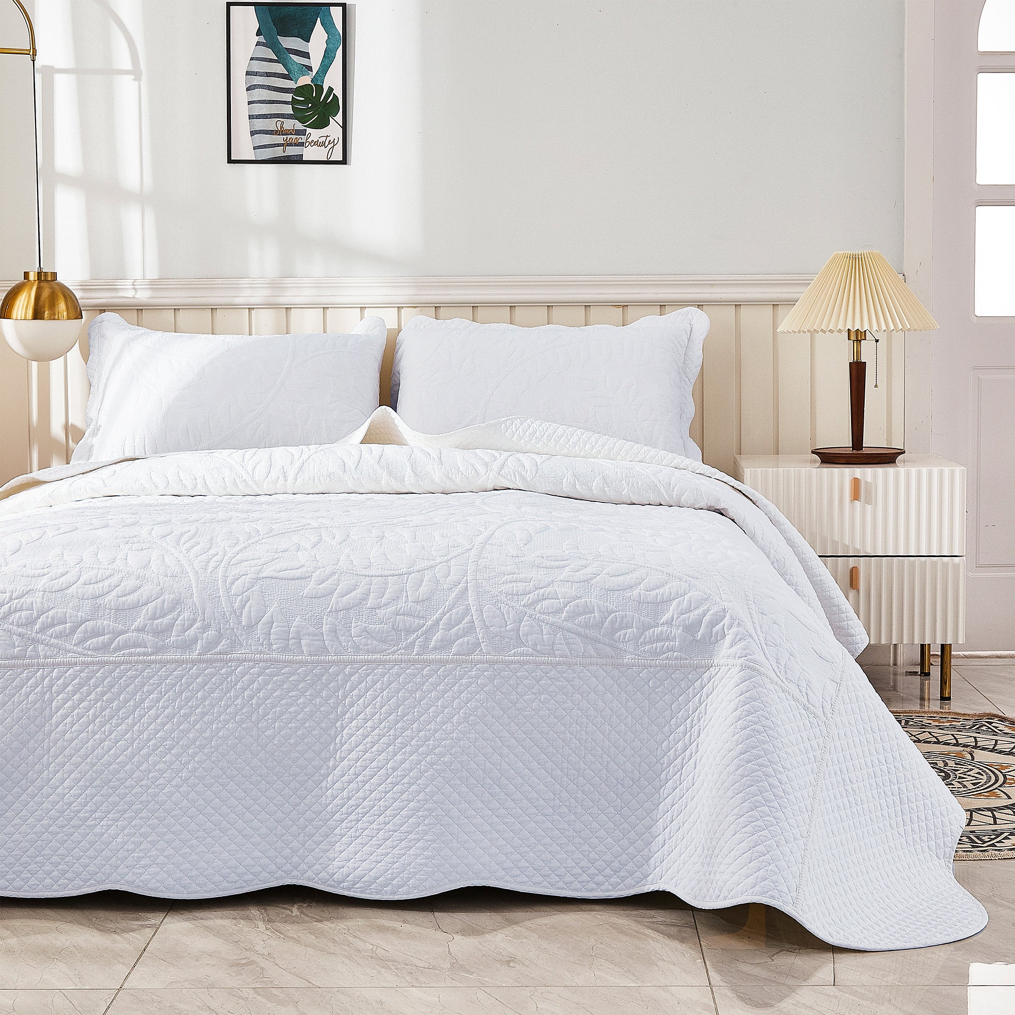 3 Piece 100% Cotton Embroidered Quilt Set – Botanical Farmhouse Bedspread