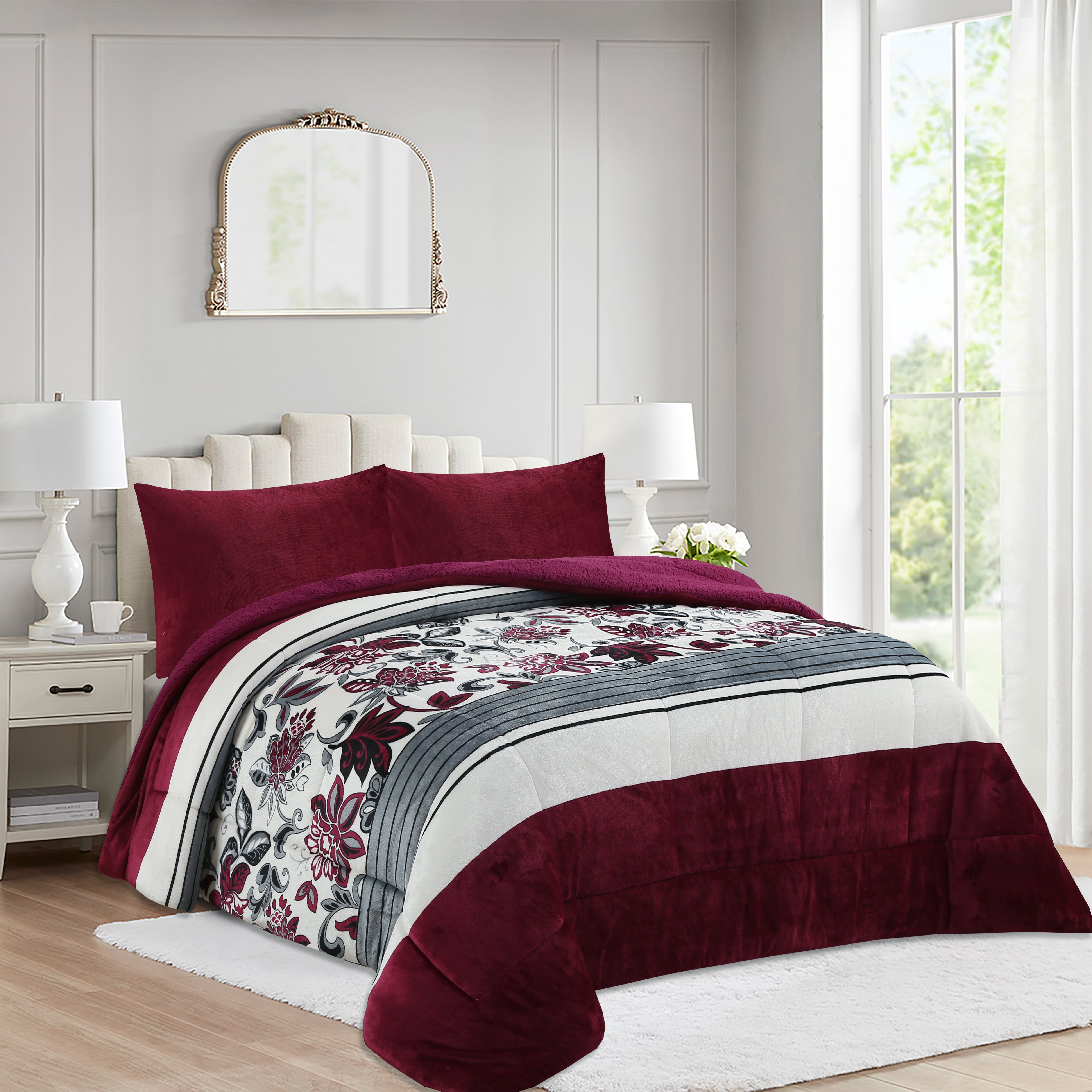 3 Piece Plush Sherpa Comforter Set – Soft Floral Velvet