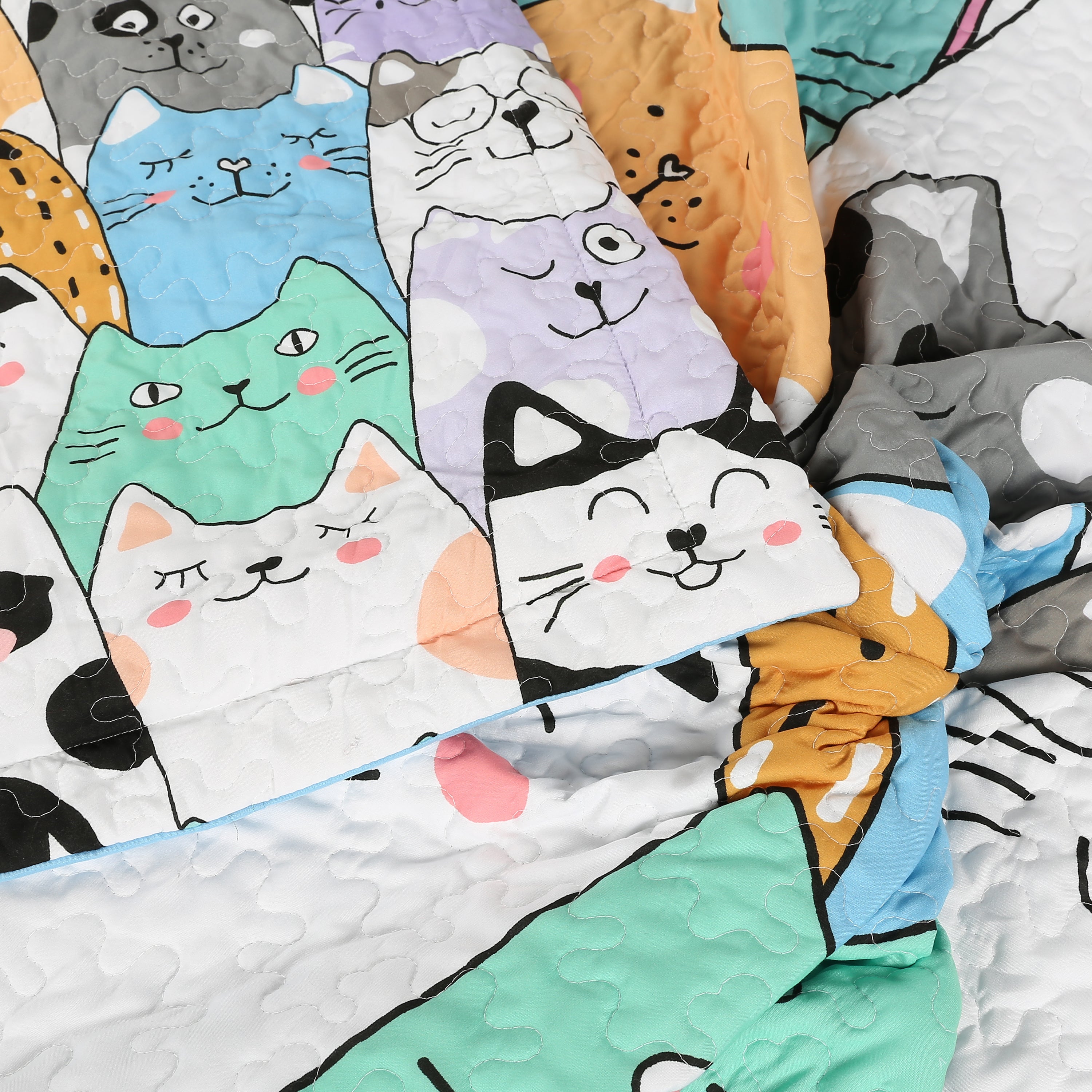 3 Piece Cat Print Quilt Set for Kids - Colorful Bedspread WX202