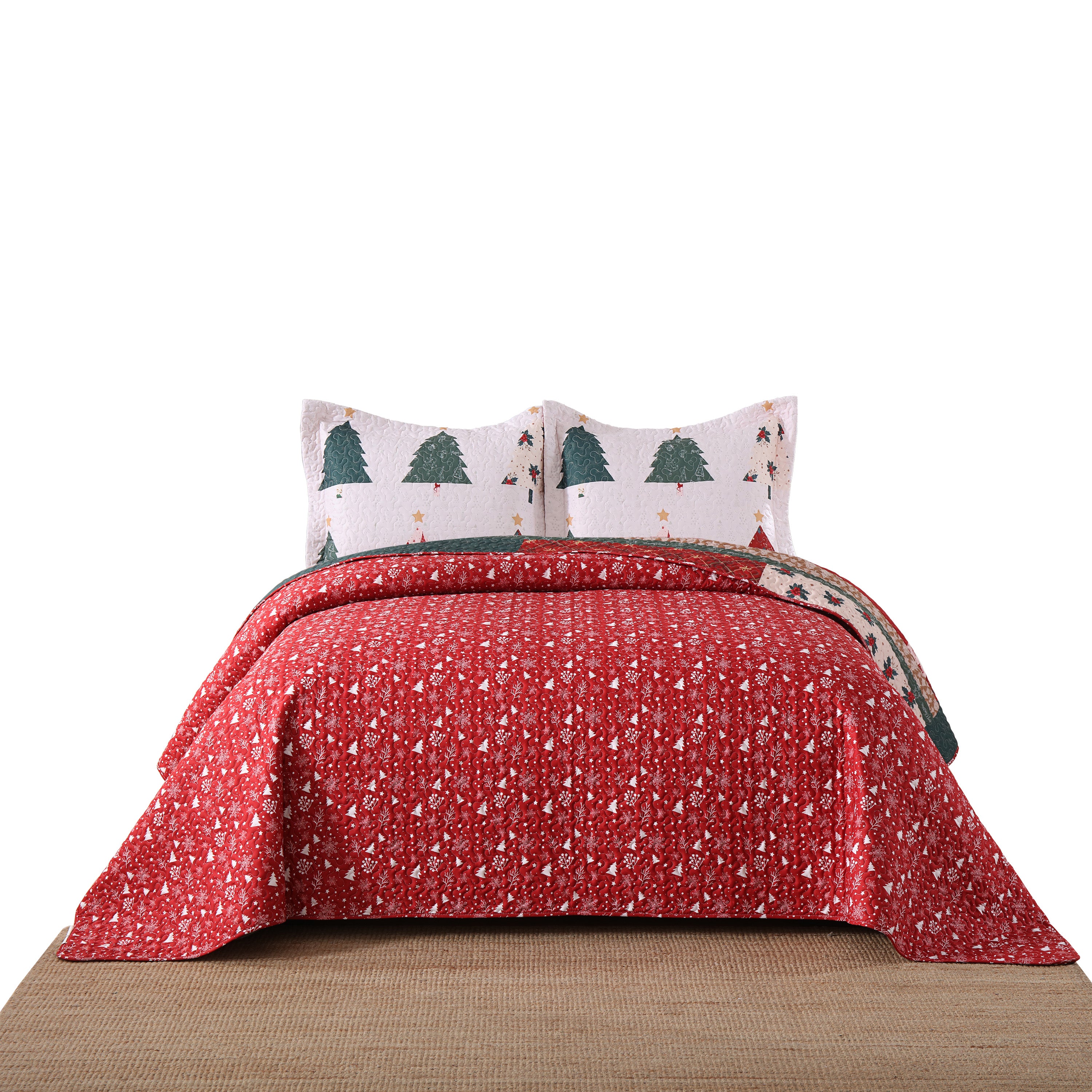 3 Piece Reversible Polyester Christmas Tree Quilt Set - Holiday Forest Bedspread BY219