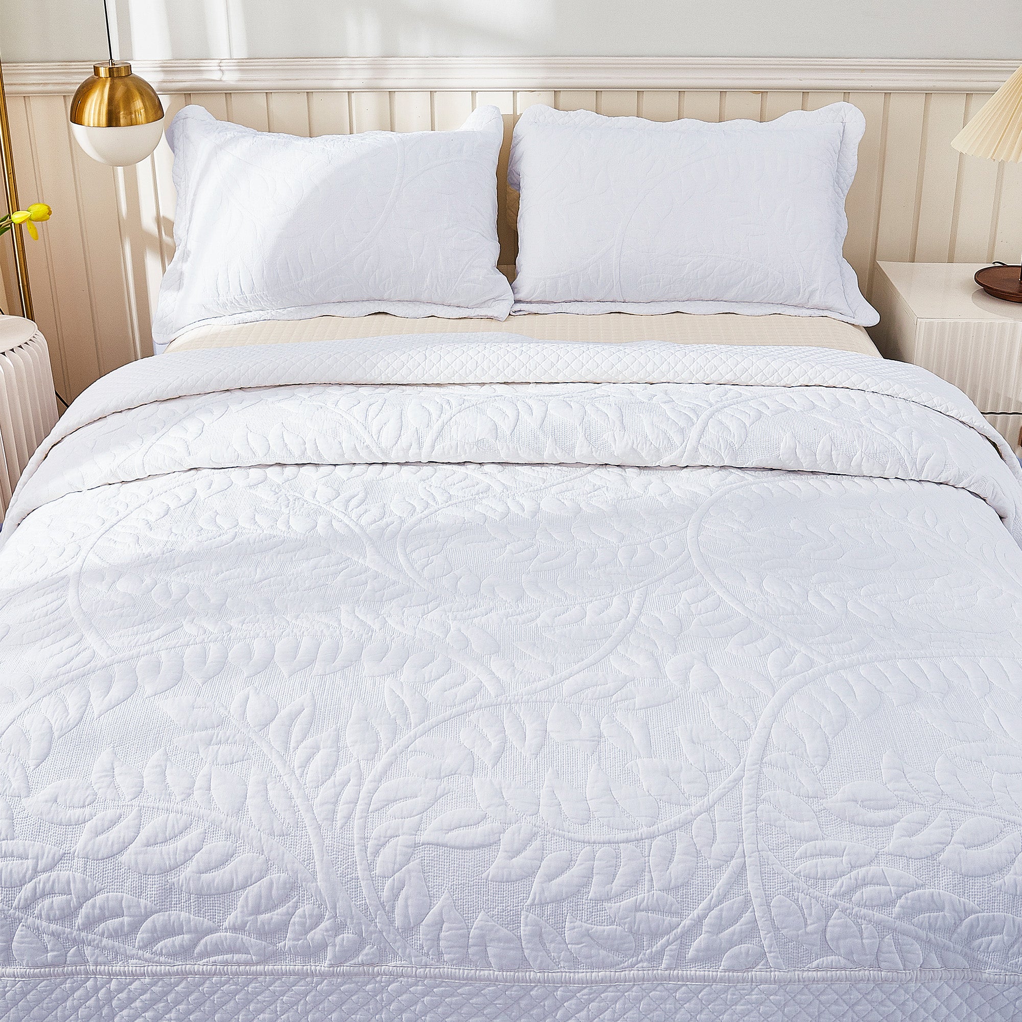 3 Piece 100% Cotton Embroidered Quilt Set – Botanical Farmhouse Bedspread