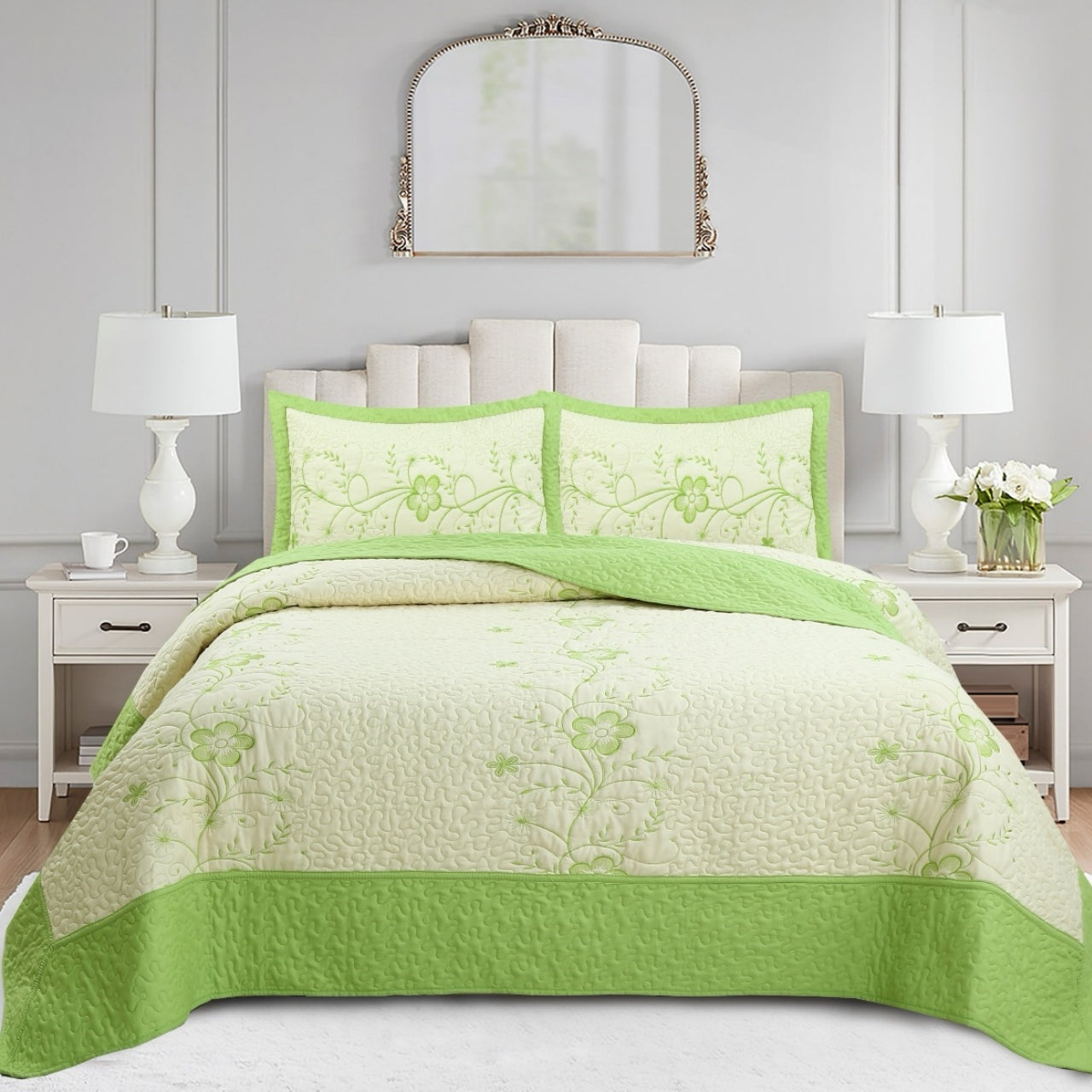 3 Piece Queen Size Embroidered Floral Quilt Bedspread Set