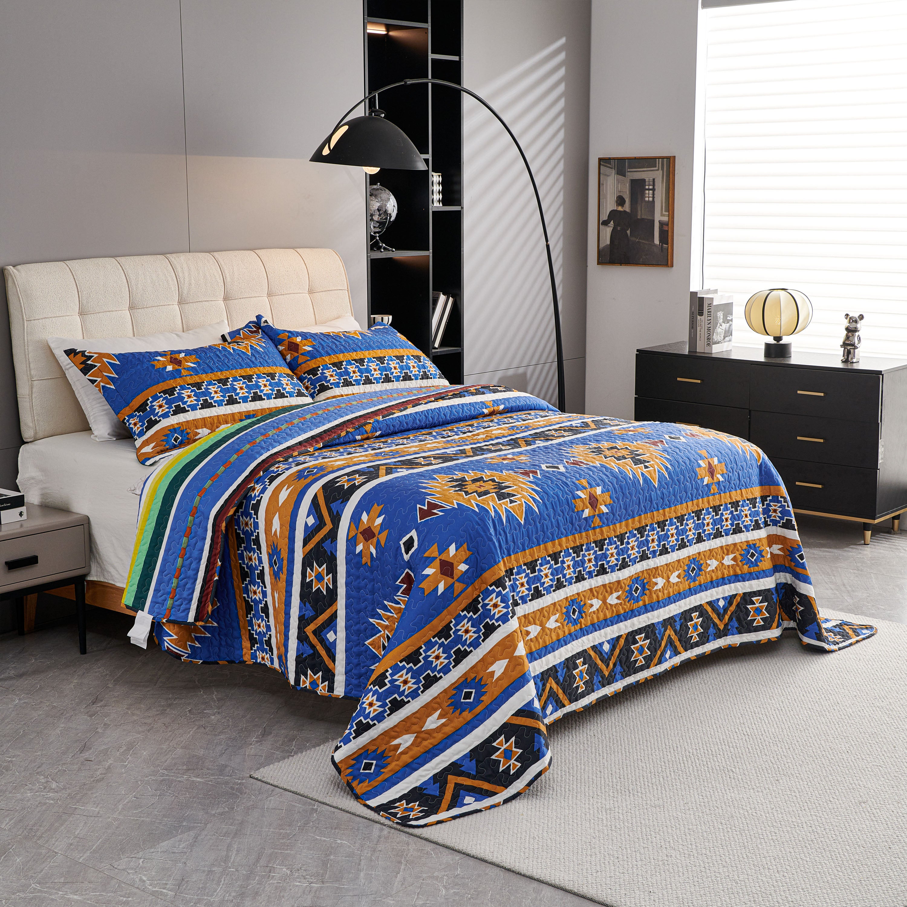 3 Piece Boho Colorful Geometric Printed Quilt Bedspread Set SS