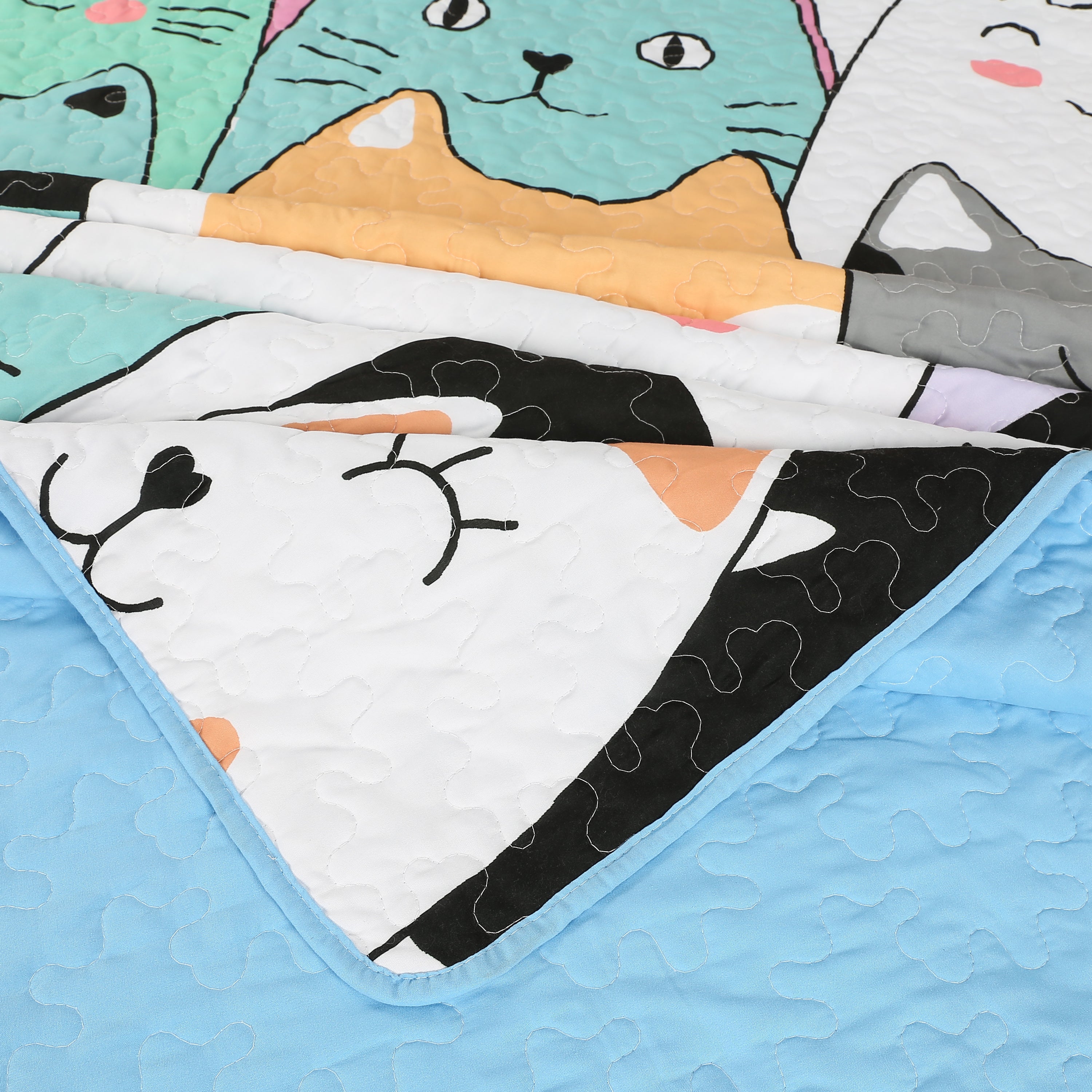 3 Piece Cat Print Quilt Set for Kids - Colorful Bedspread WX202