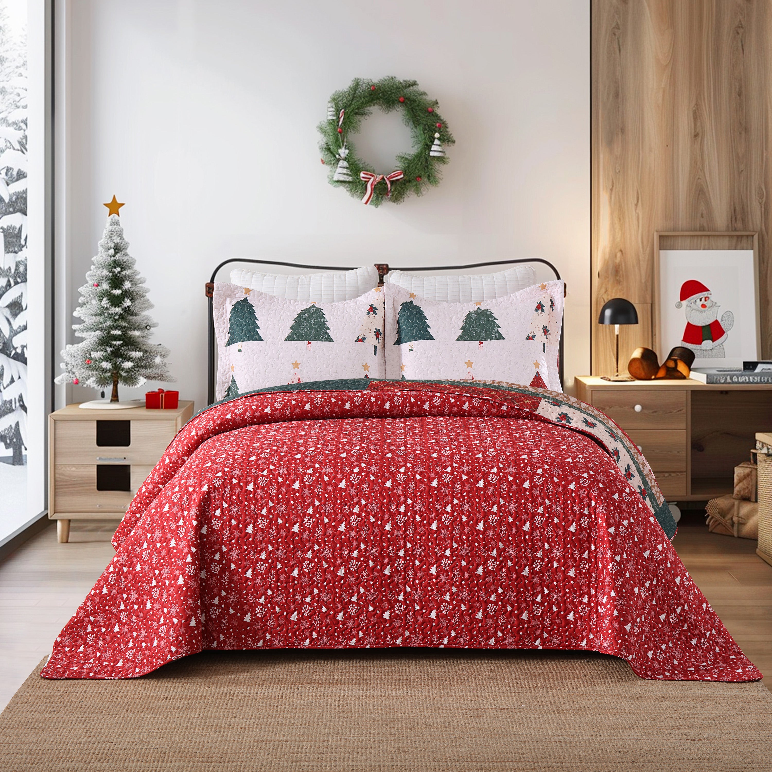 3 Piece Reversible Polyester Christmas Tree Quilt Set - Holiday Forest Bedspread BY219