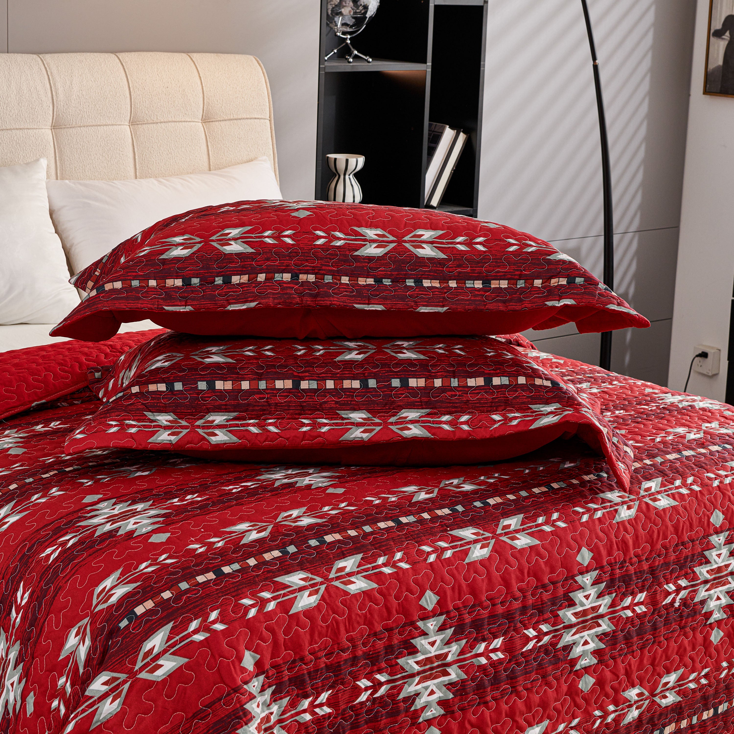 3 Piece Boho Colorful Geometric Printed Quilt Bedspread Set SS