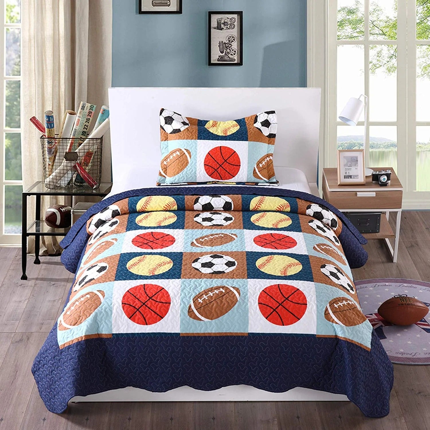 2/3 Piece Kids Sports Quilt Set, Football Basketball Bedspread for Boys Teens