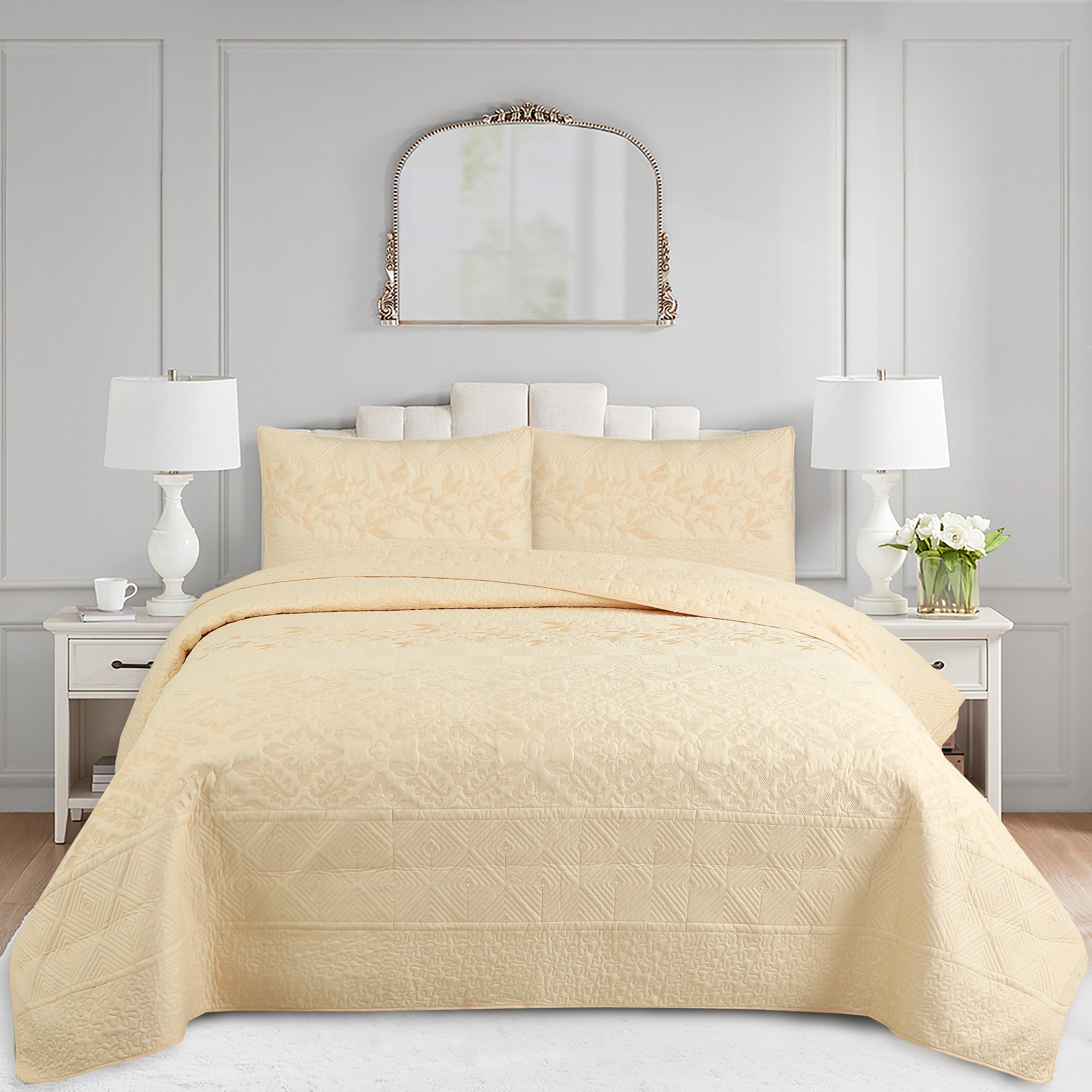 3 Piece Elegant Embroidered Quilt Set – Farmhouse Bedspread ME17