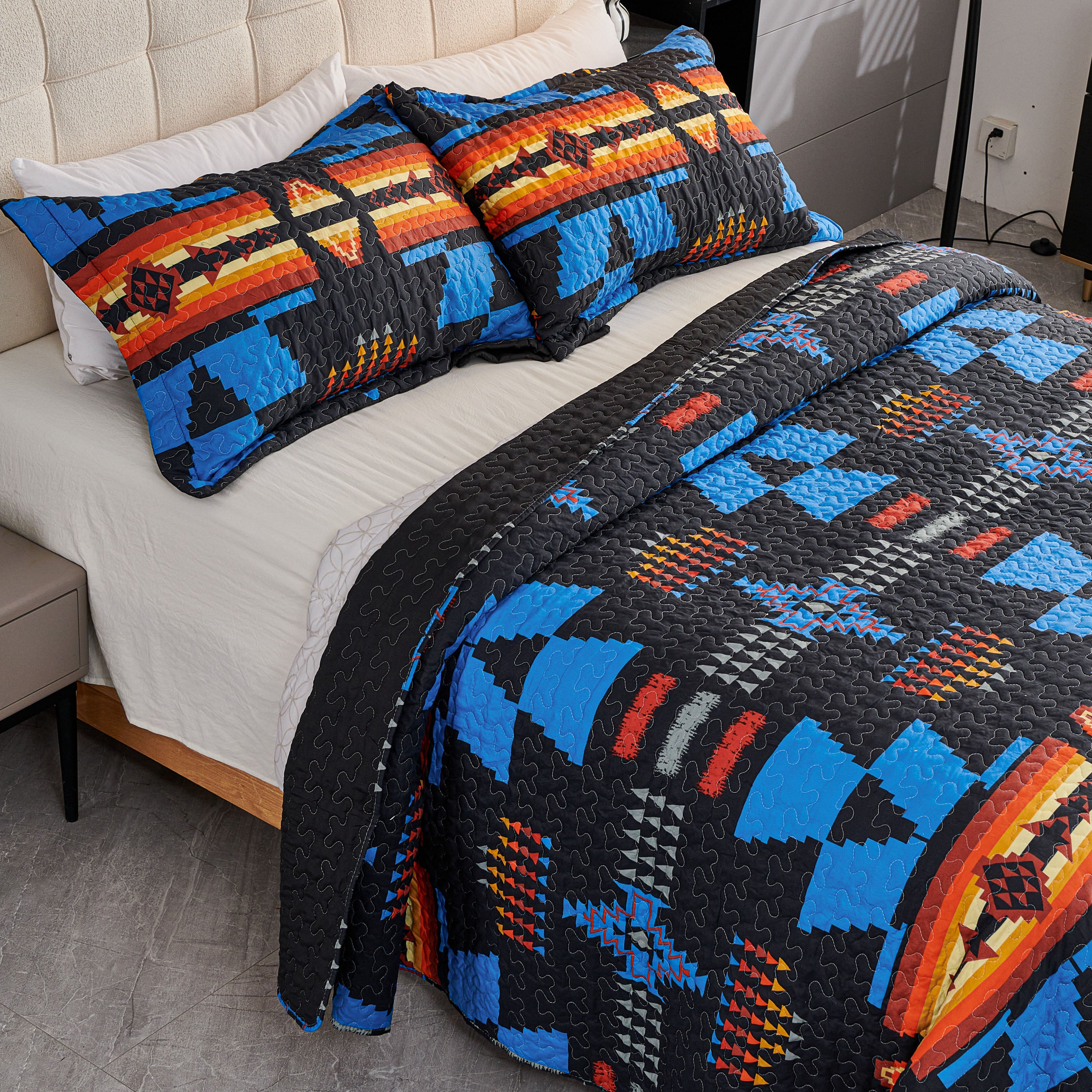 3 Piece Boho Colorful Geometric Printed Quilt Bedspread Set SS