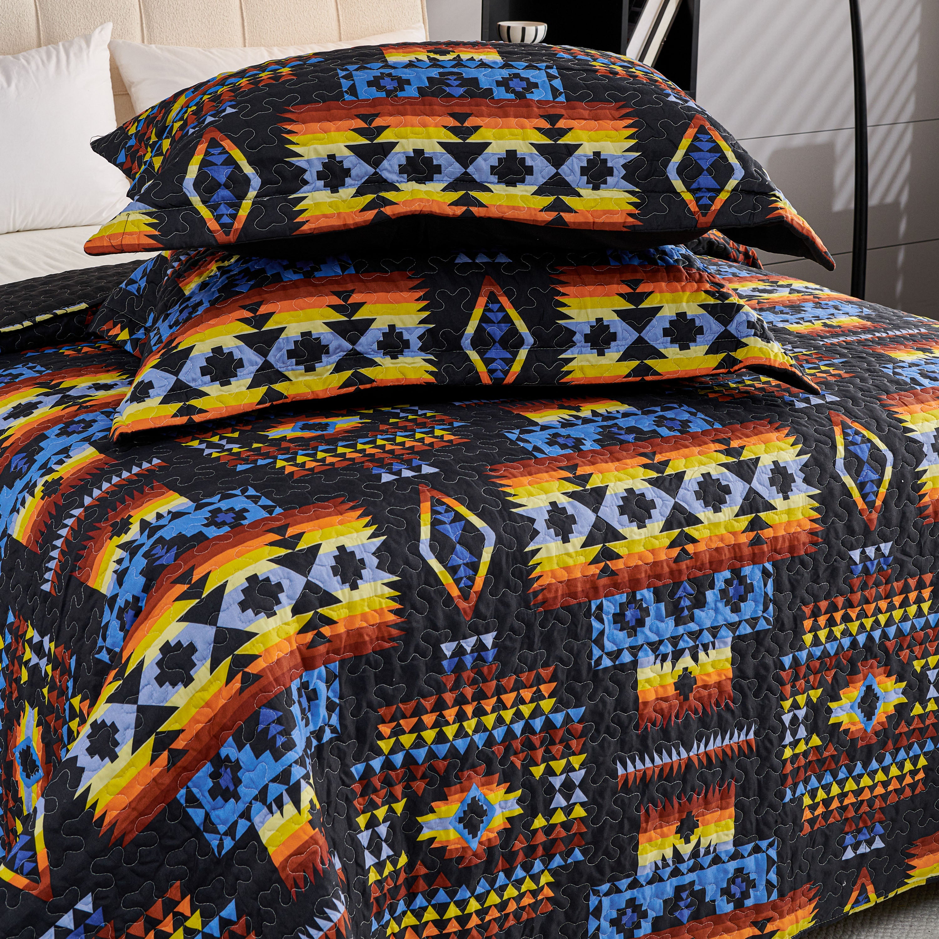 3 Piece Boho Colorful Geometric Printed Quilt Bedspread Set SS