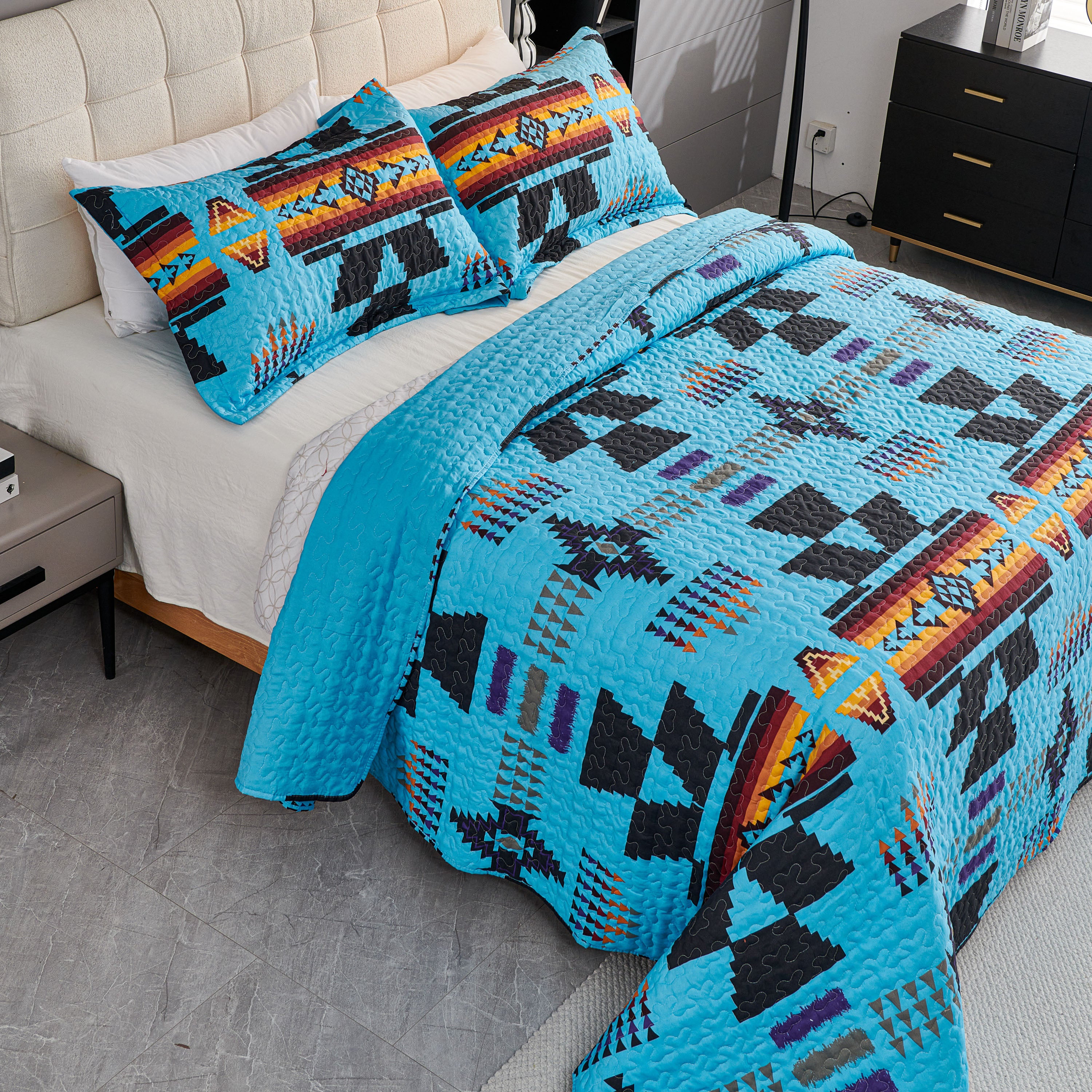 3 Piece Boho Colorful Geometric Printed Quilt Bedspread Set SS