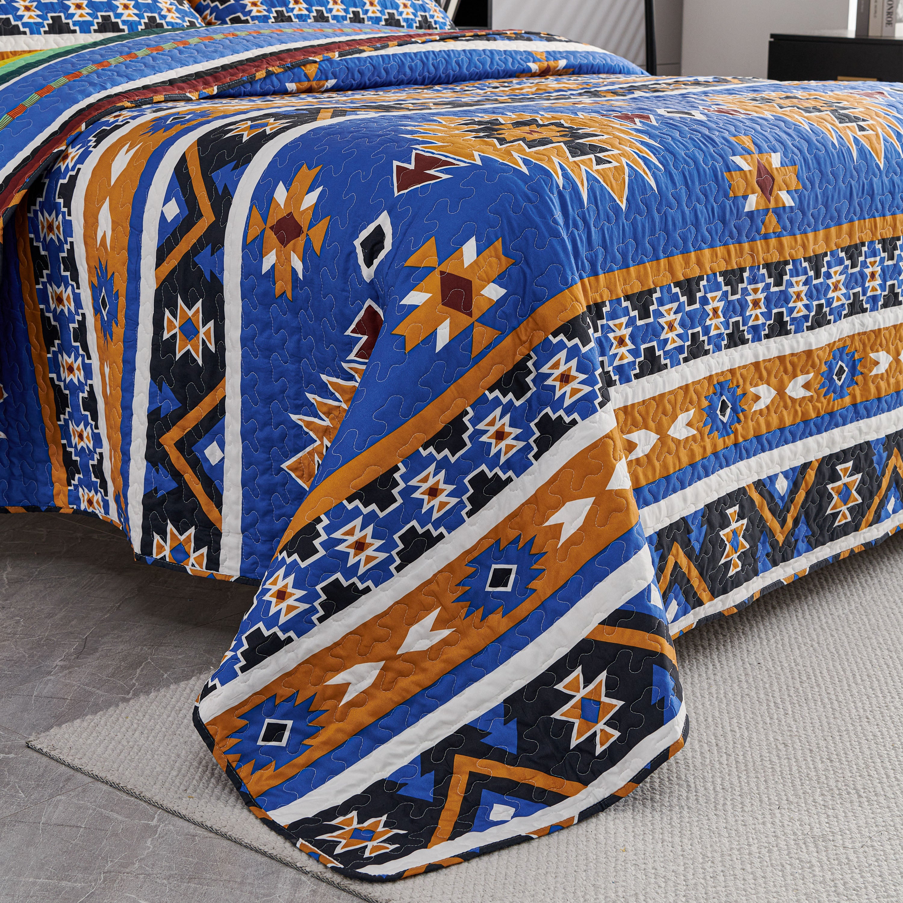 3 Piece Boho Colorful Geometric Printed Quilt Bedspread Set SS